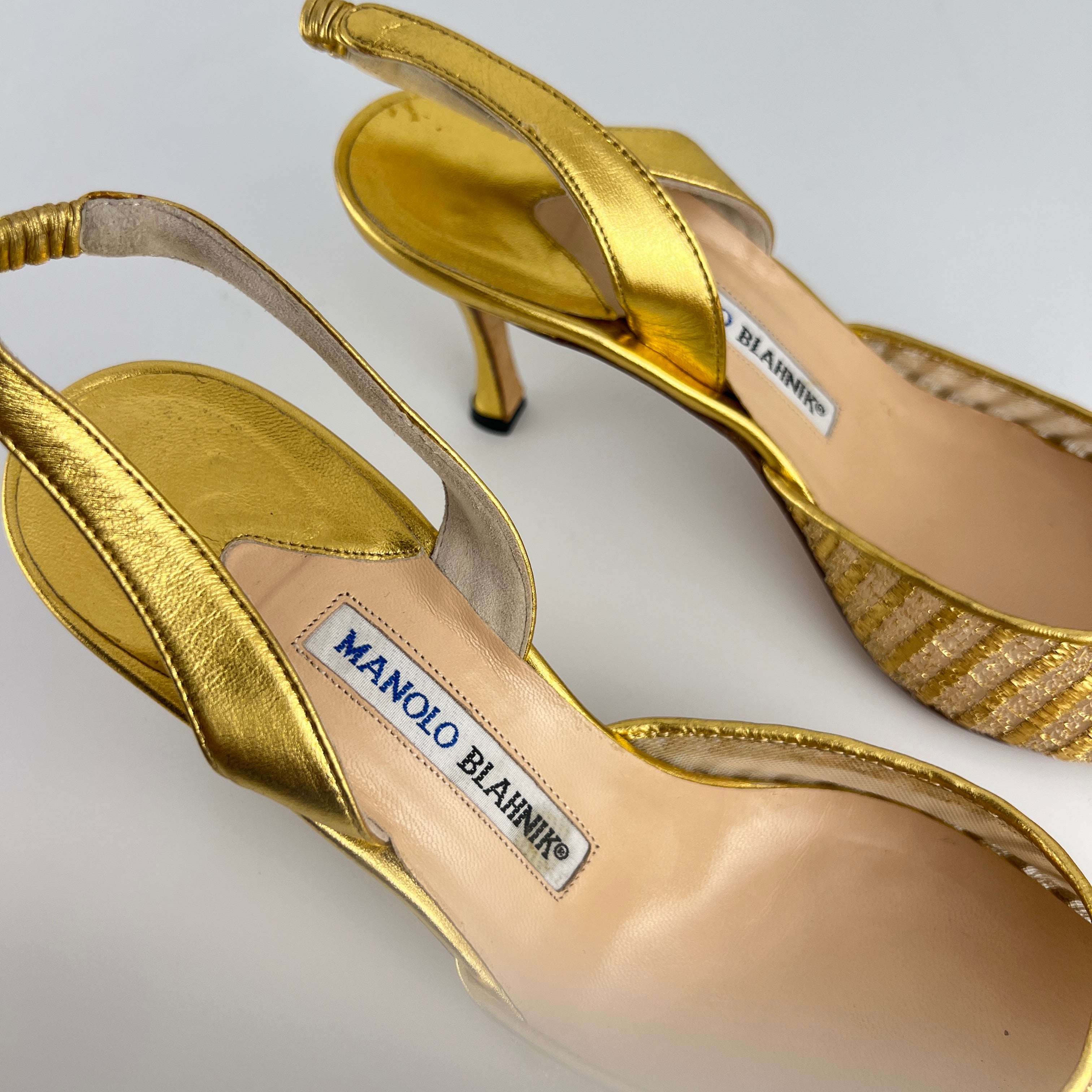 Manolo Blahnik | Vintage Metallic Gold Mesh Pointed Toe Slingback Heels (39)