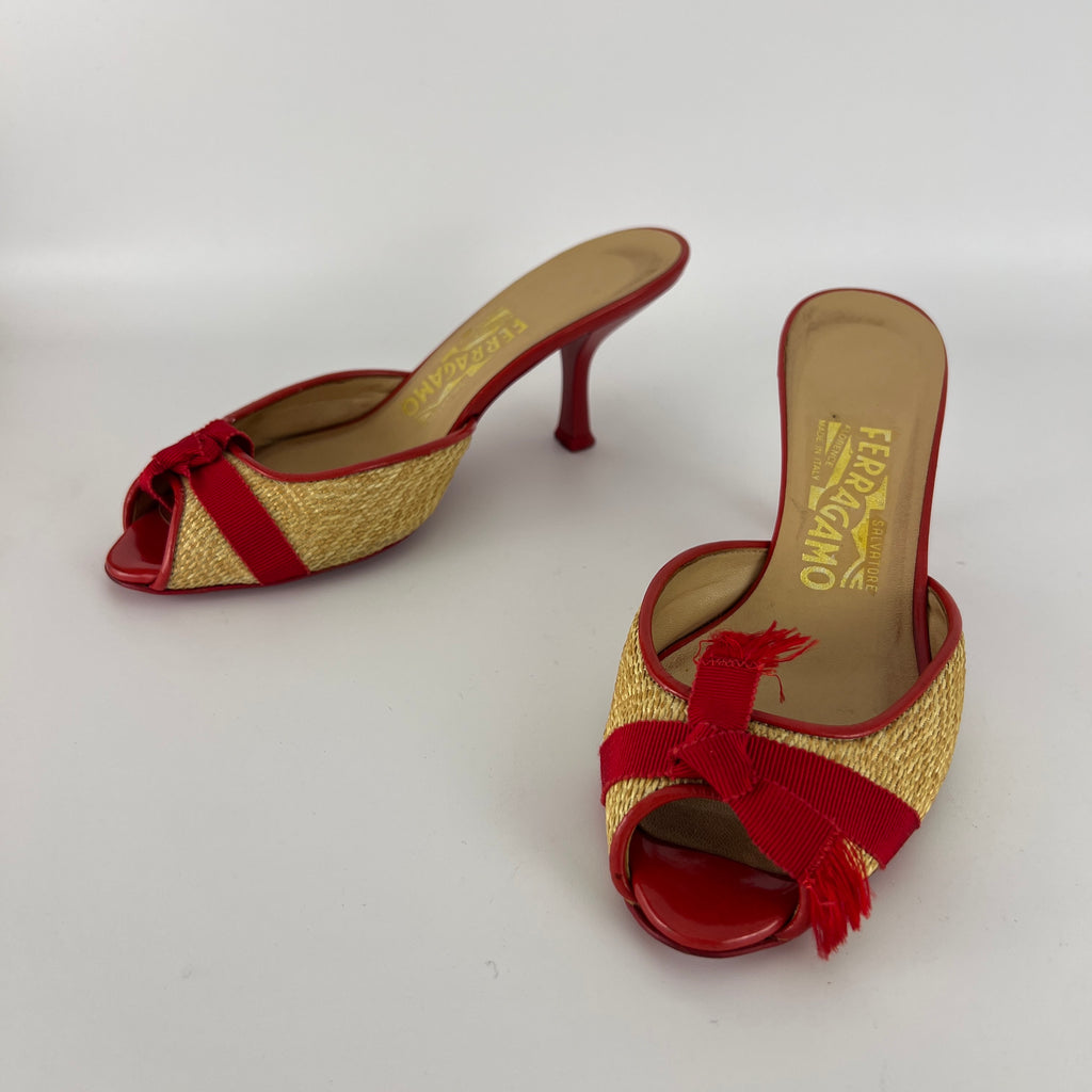 Ferragamo | Woven Raffia Red Bow Leather Trim Slide Mules (5.5 , 35.5)