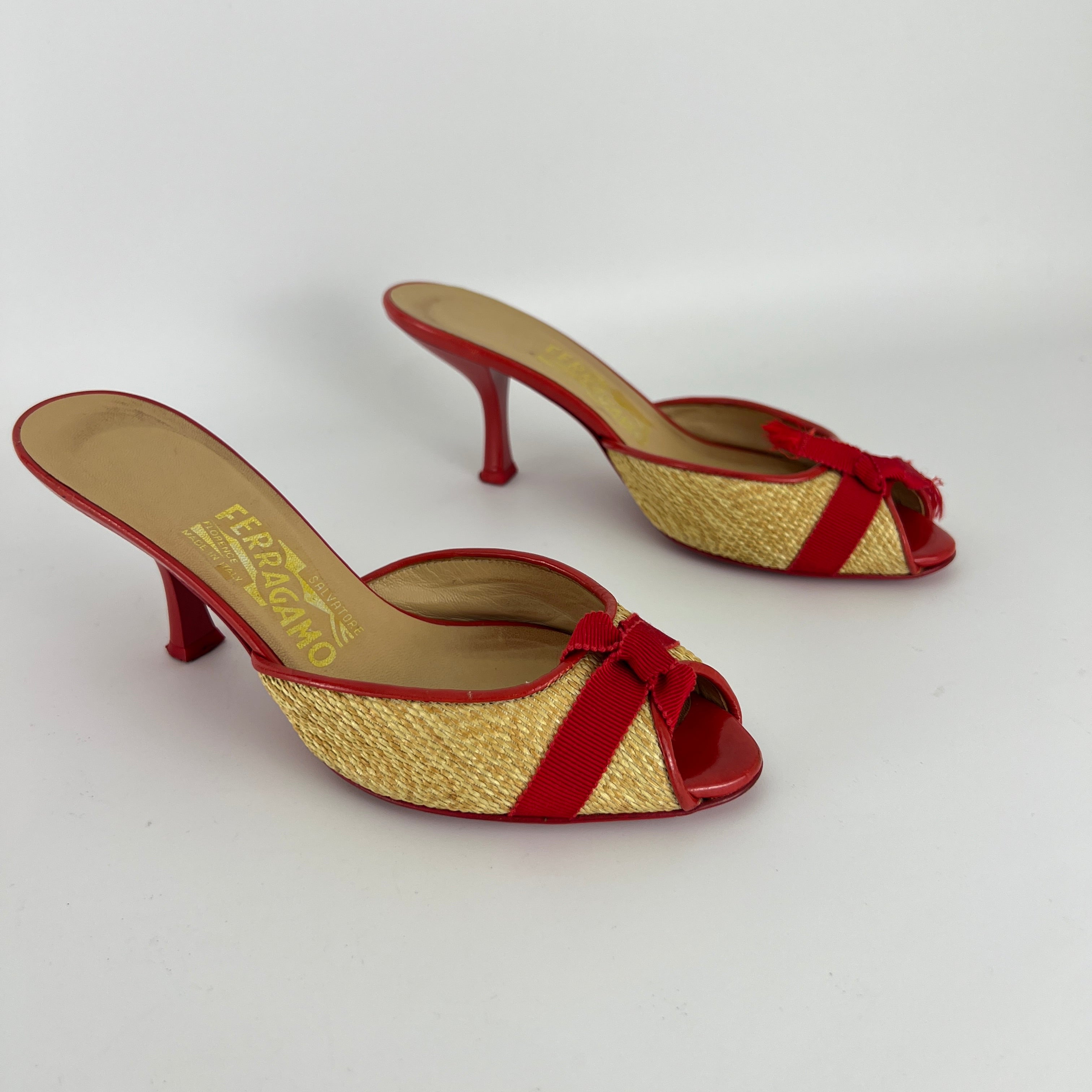 Ferragamo | Woven Raffia Red Bow Leather Trim Slide Mules (5.5 , 35.5)