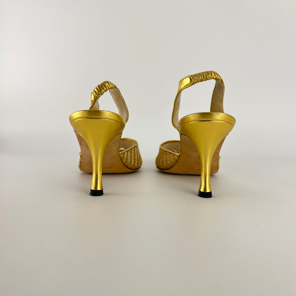 Manolo Blahnik | Vintage Metallic Gold Mesh Pointed Toe Slingback Heels (39)