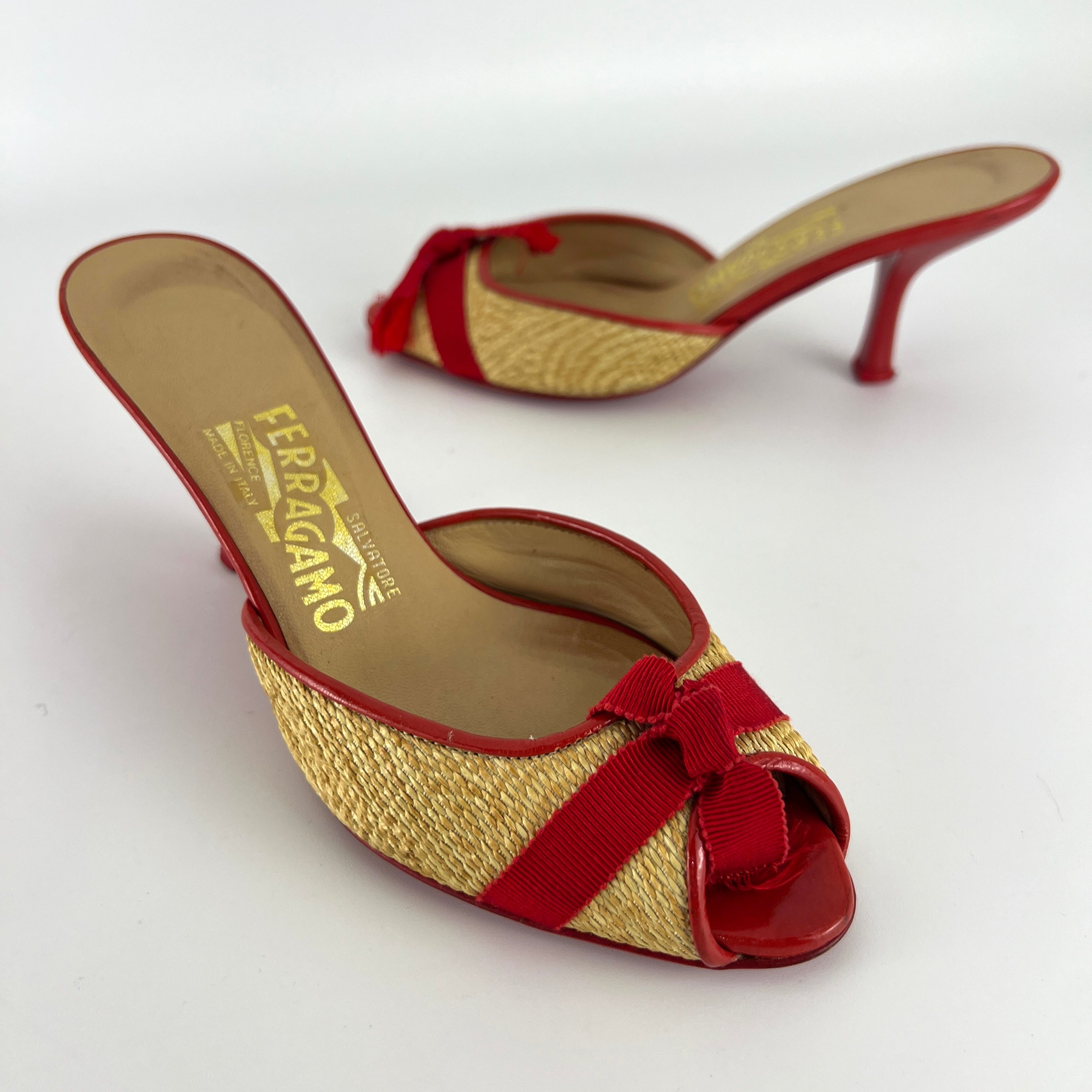 Ferragamo | Woven Raffia Red Bow Leather Trim Slide Mules (5.5 , 35.5)