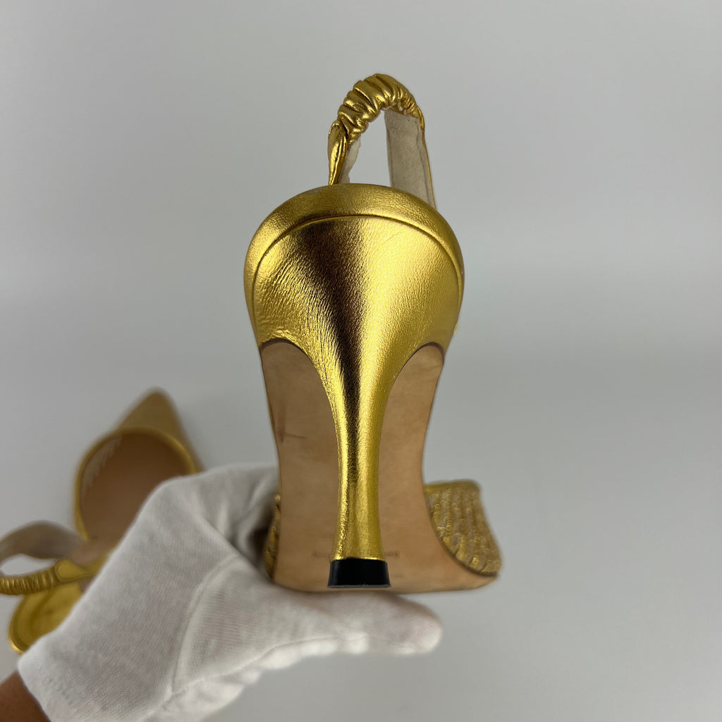 Manolo Blahnik | Vintage Metallic Gold Mesh Pointed Toe Slingback Heels (39)