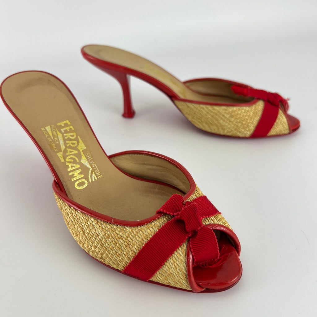 Ferragamo | Woven Raffia Red Bow Leather Trim Slide Mules (5.5 , 35.5)