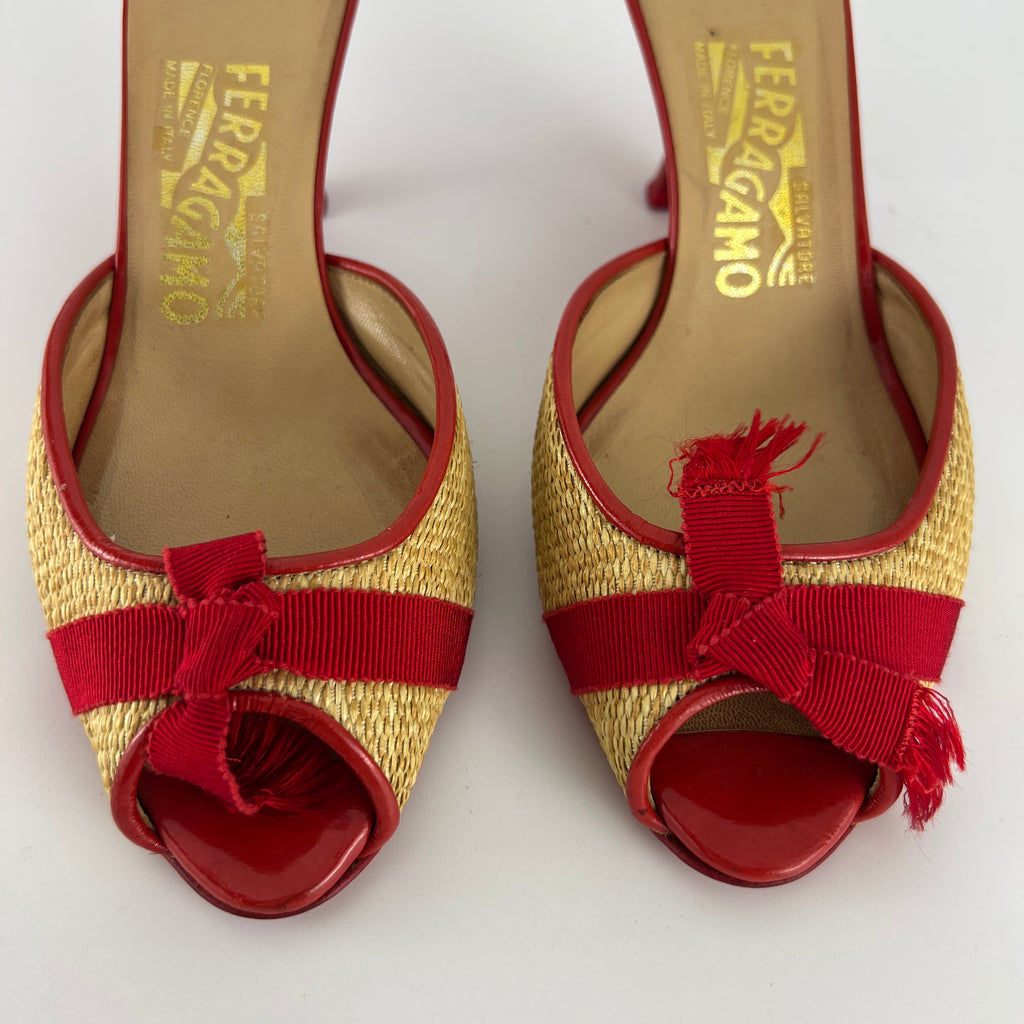 Ferragamo | Woven Raffia Red Bow Leather Trim Slide Mules (5.5 , 35.5)