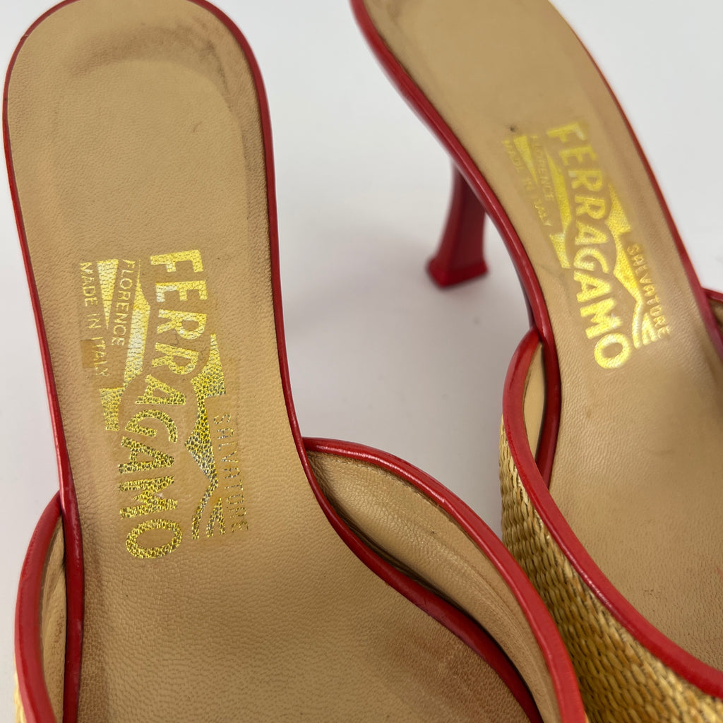Ferragamo | Woven Raffia Red Bow Leather Trim Slide Mules (5.5 , 35.5)