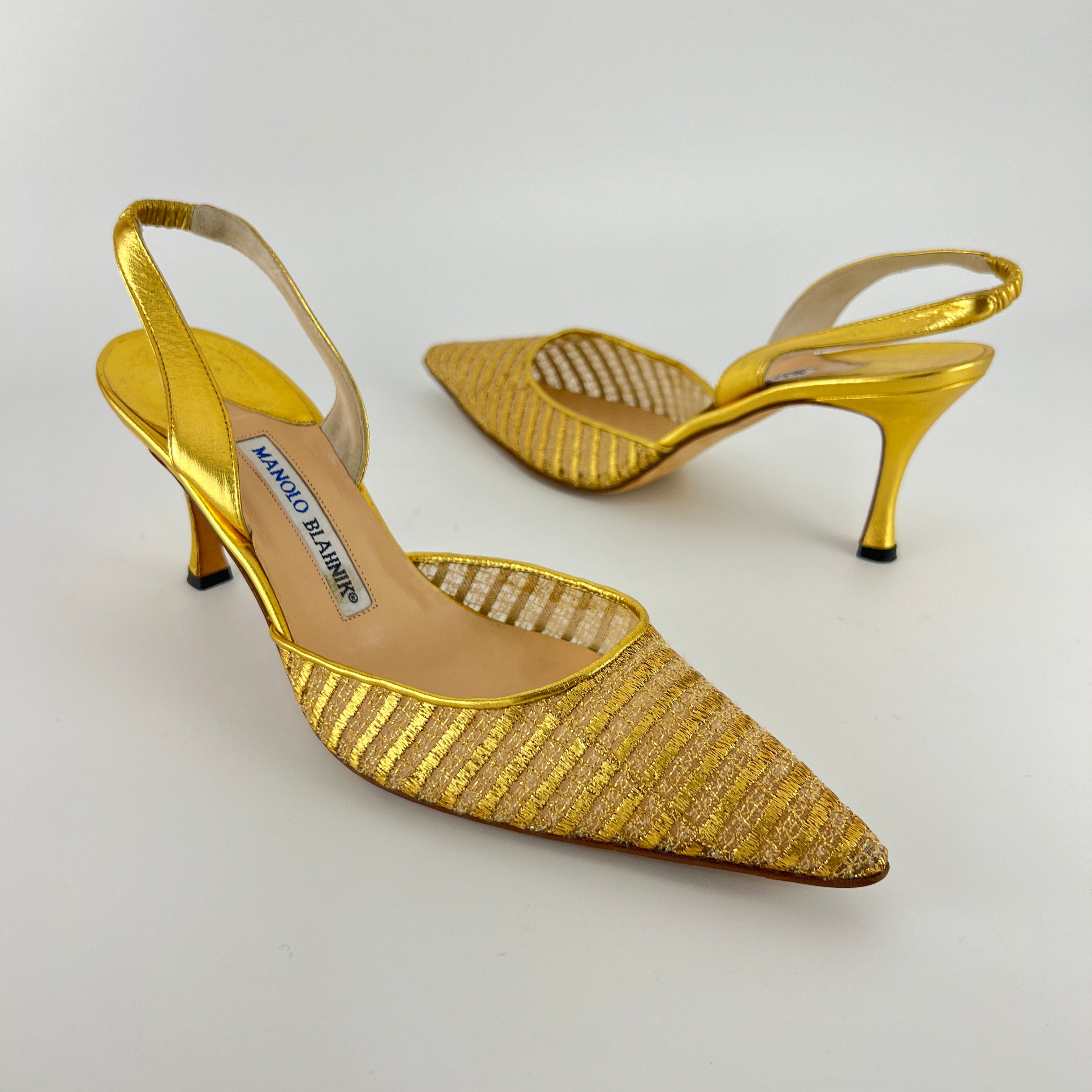 Manolo Blahnik | Vintage Metallic Gold Mesh Pointed Toe Slingback Heels (39)