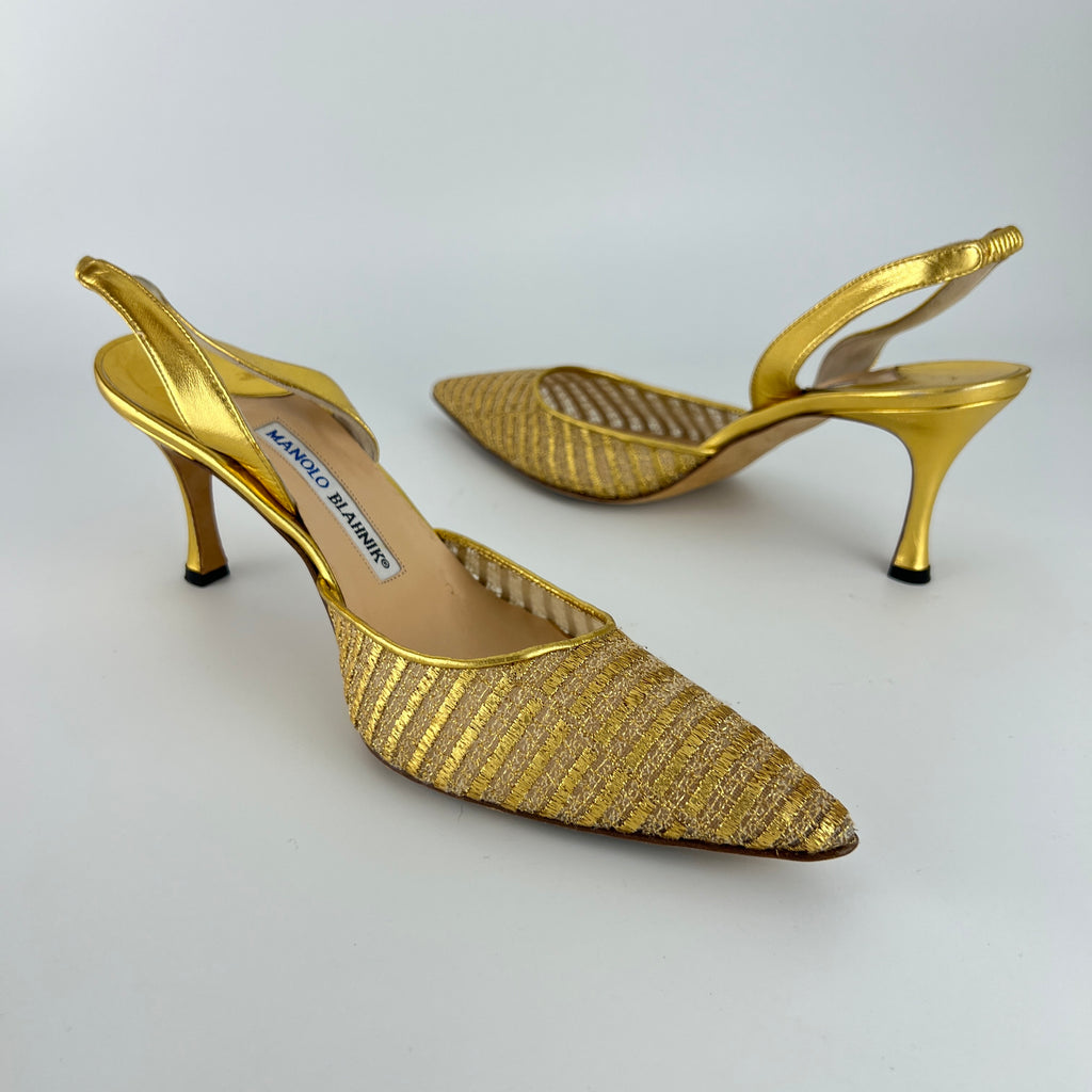 Manolo Blahnik | Vintage Metallic Gold Mesh Pointed Toe Slingback Heels (39)