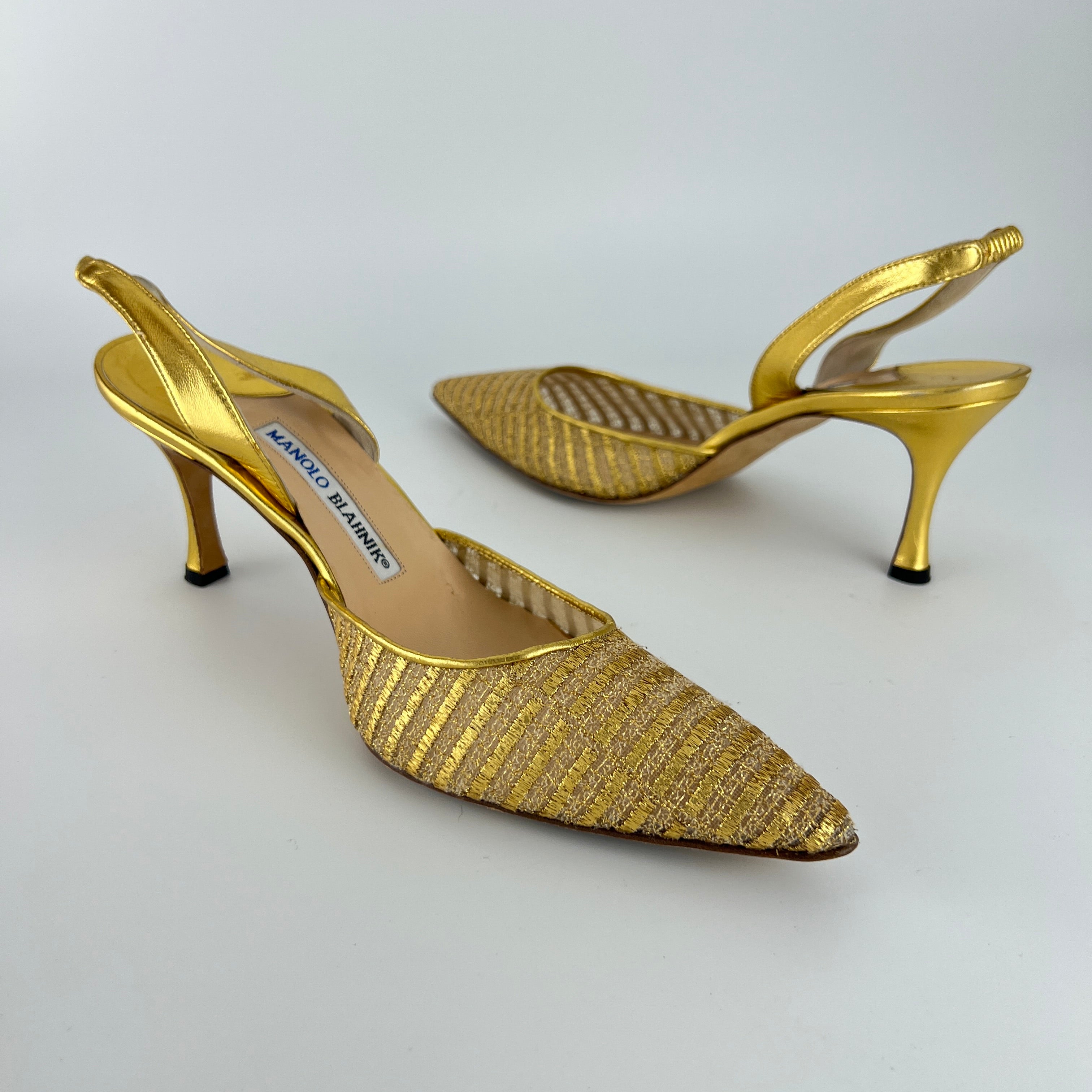 Manolo Blahnik | Vintage Metallic Gold Mesh Pointed Toe Slingback Heels (39)