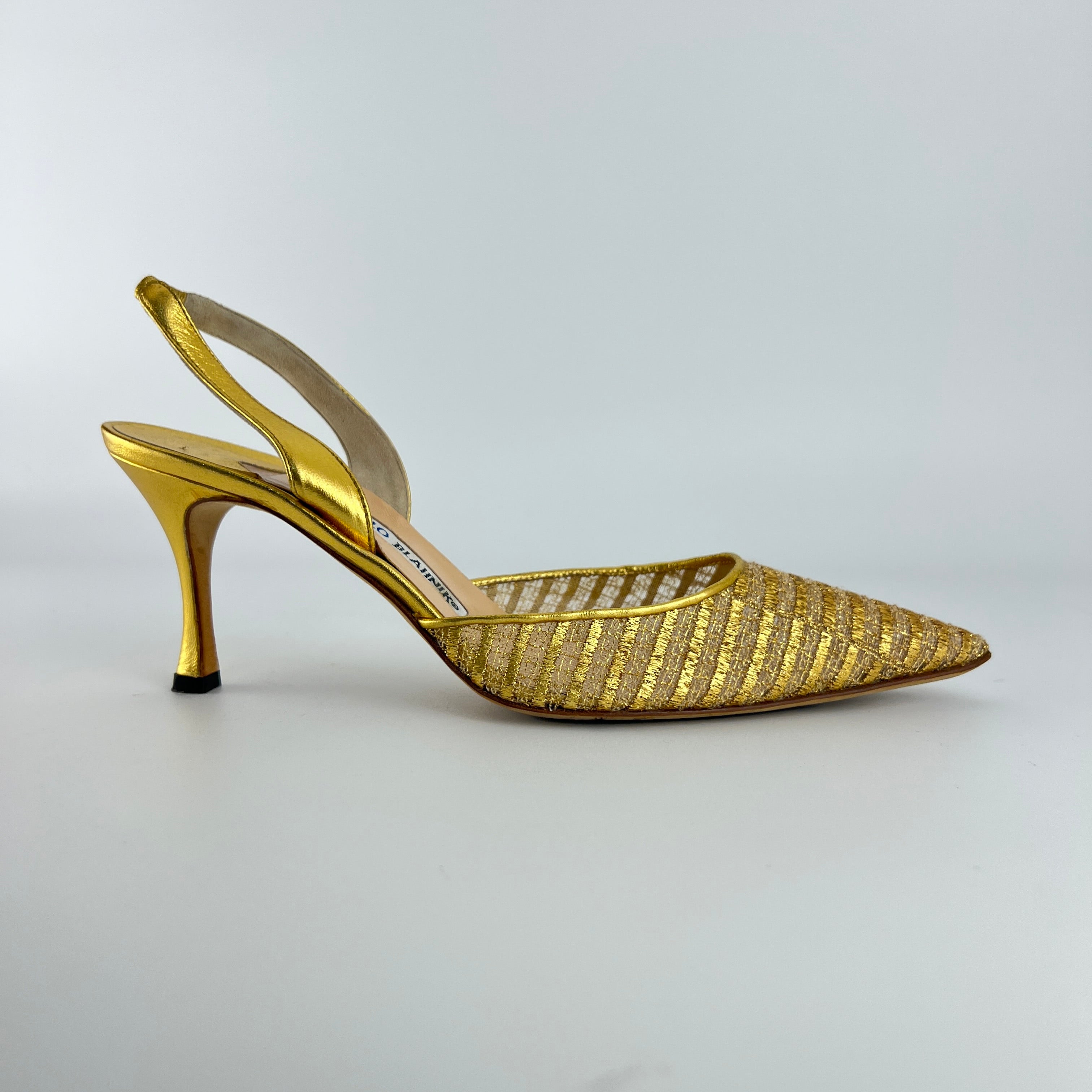 Manolo Blahnik | Vintage Metallic Gold Mesh Pointed Toe Slingback Heels (39)