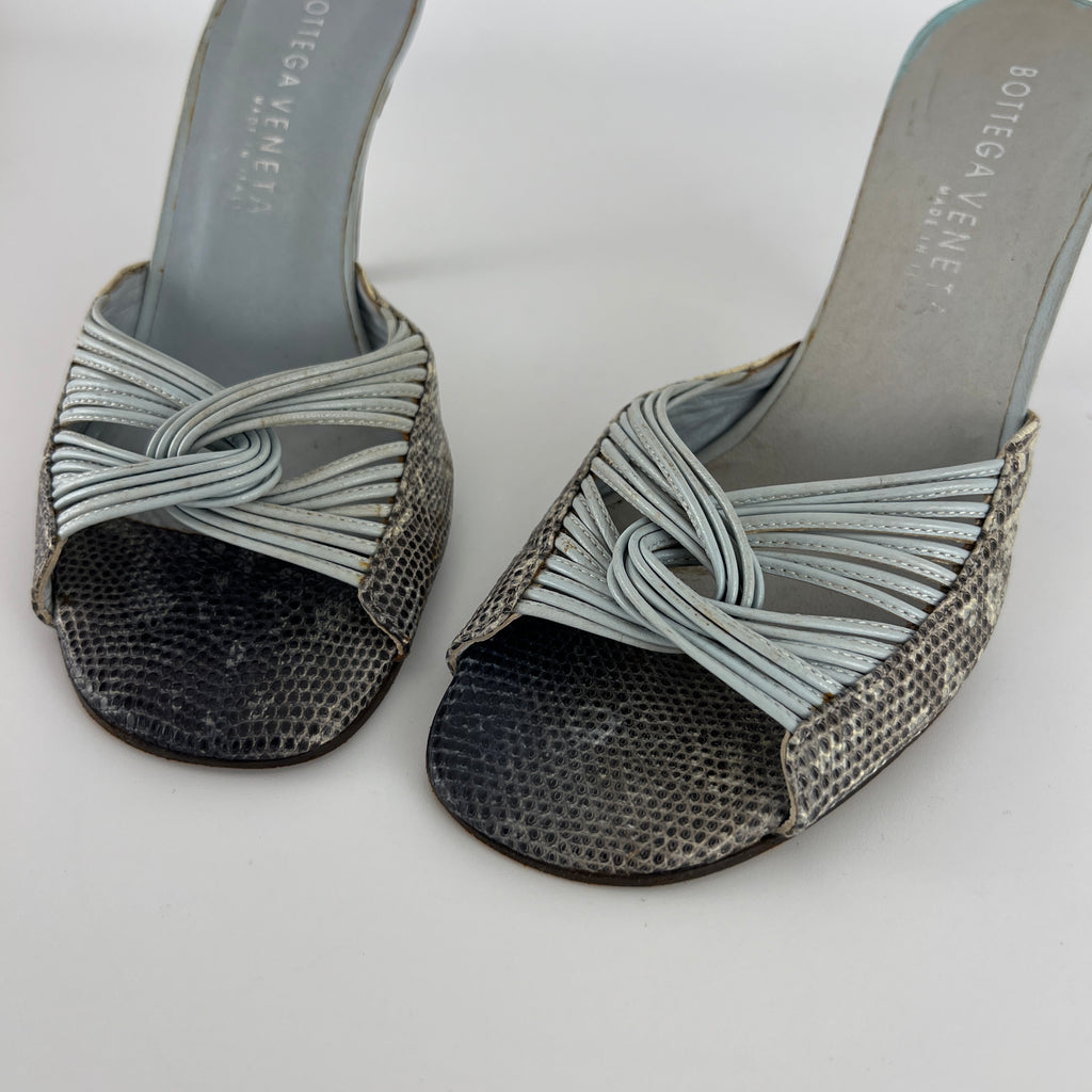 Bottega Veneta | Blue Exotic Leather Strappy Knot Twist Slide Mules (36)