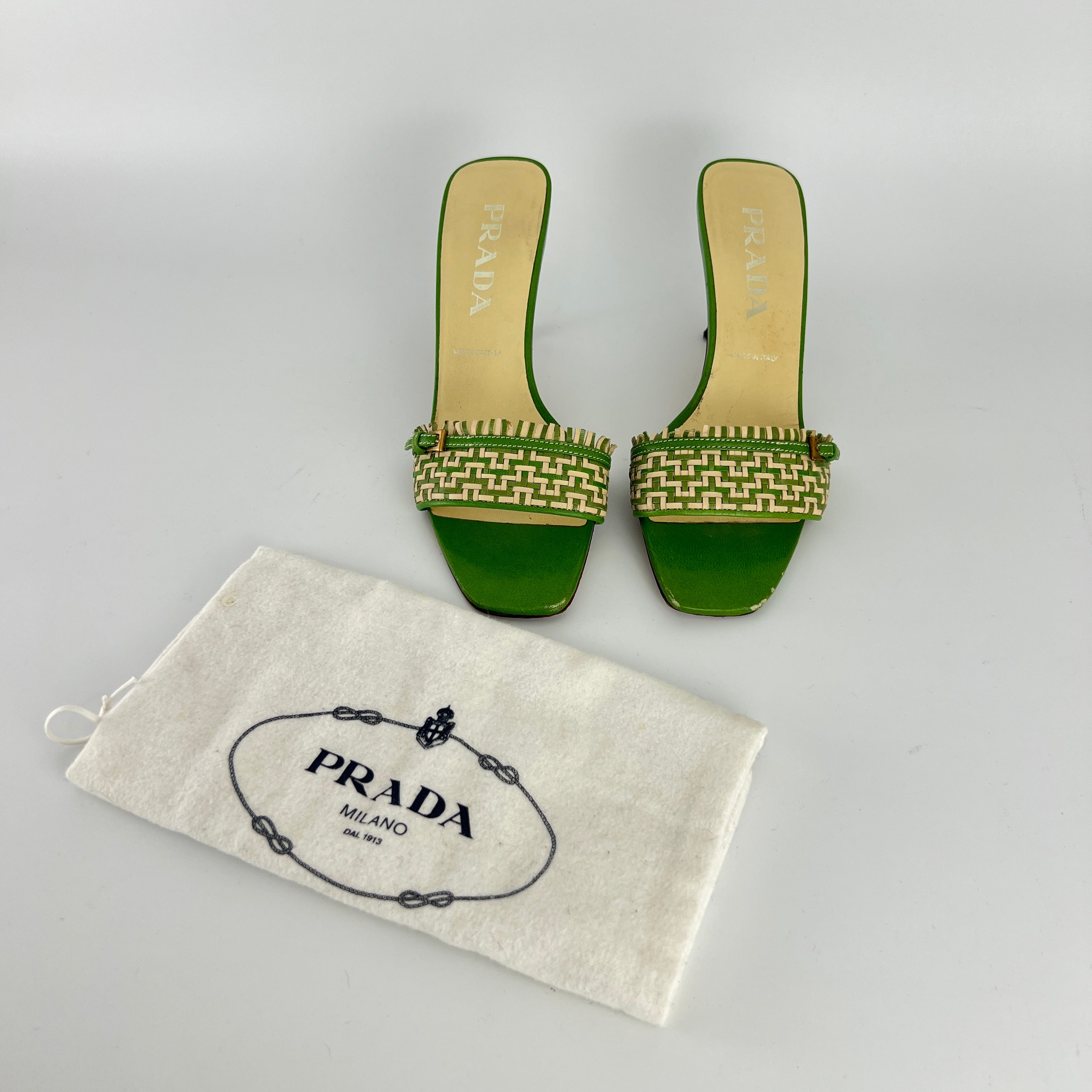Prada | Vintage Green Cream Woven Leather Buckle Slide Mules (37)