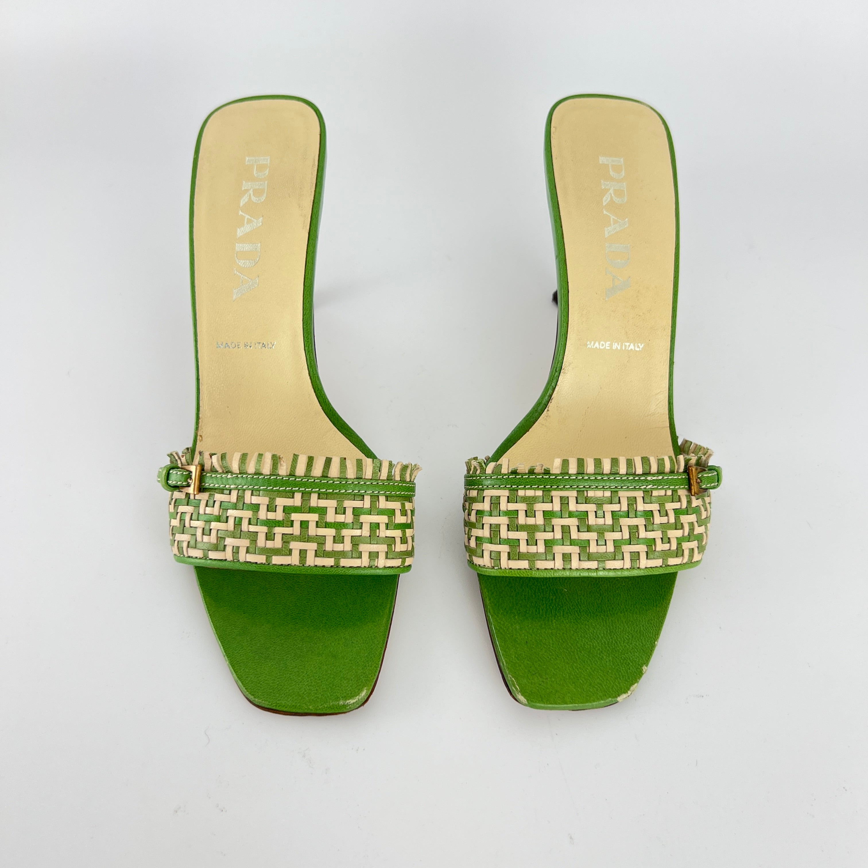 Prada | Vintage Green Cream Woven Leather Buckle Slide Mules (37)