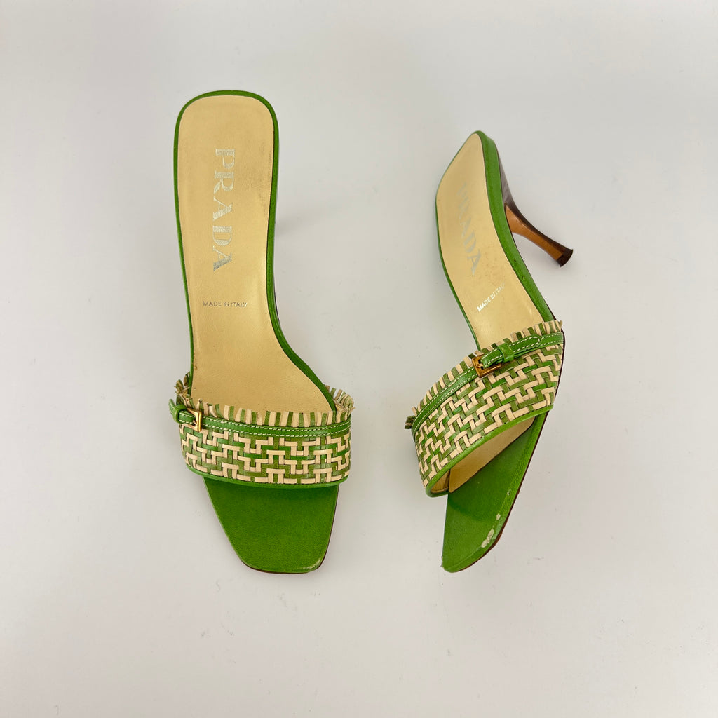 Prada | Vintage Green Cream Woven Leather Buckle Slide Mules (37)
