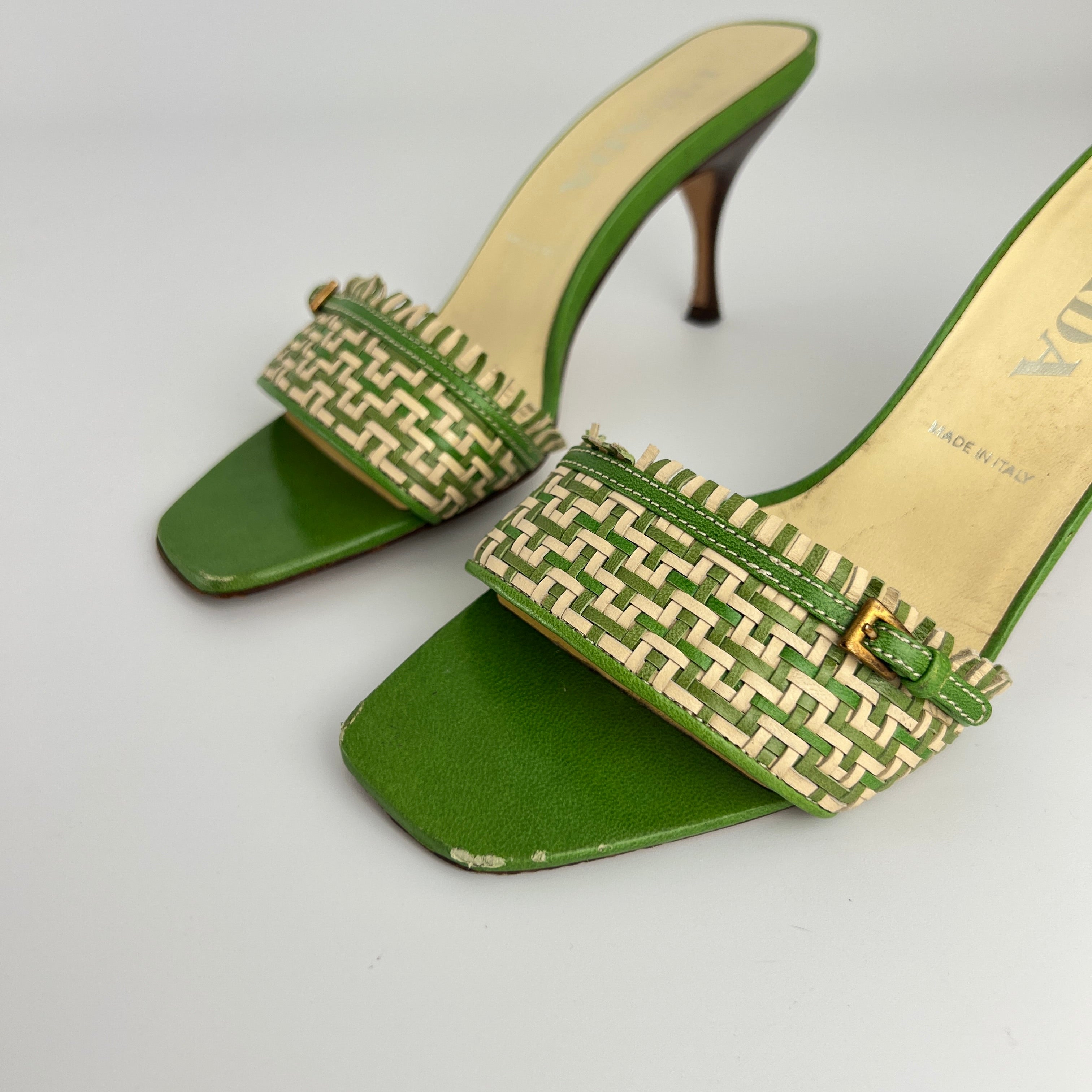 Prada | Vintage Green Cream Woven Leather Buckle Slide Mules (37)