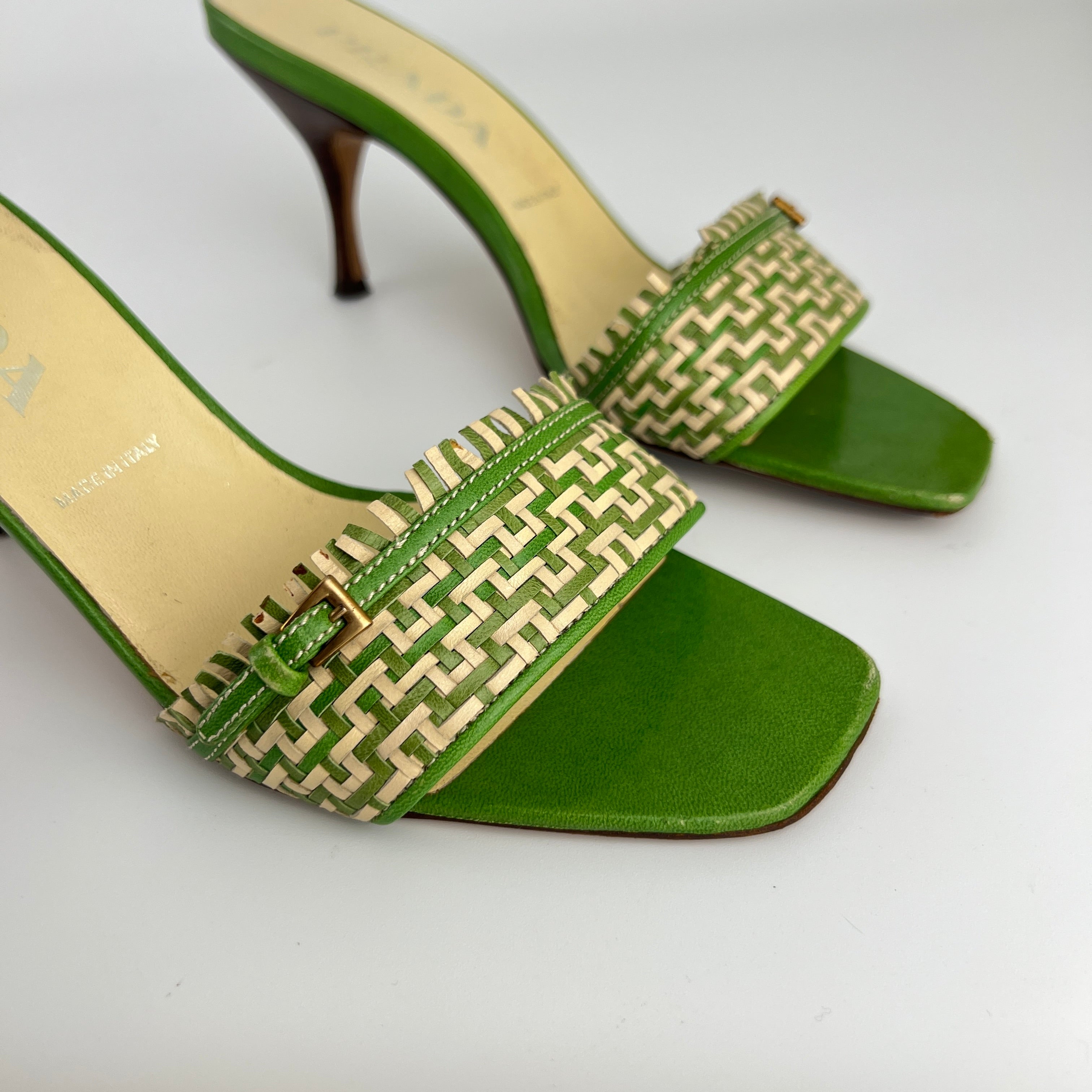 Prada | Vintage Green Cream Woven Leather Buckle Slide Mules (37)
