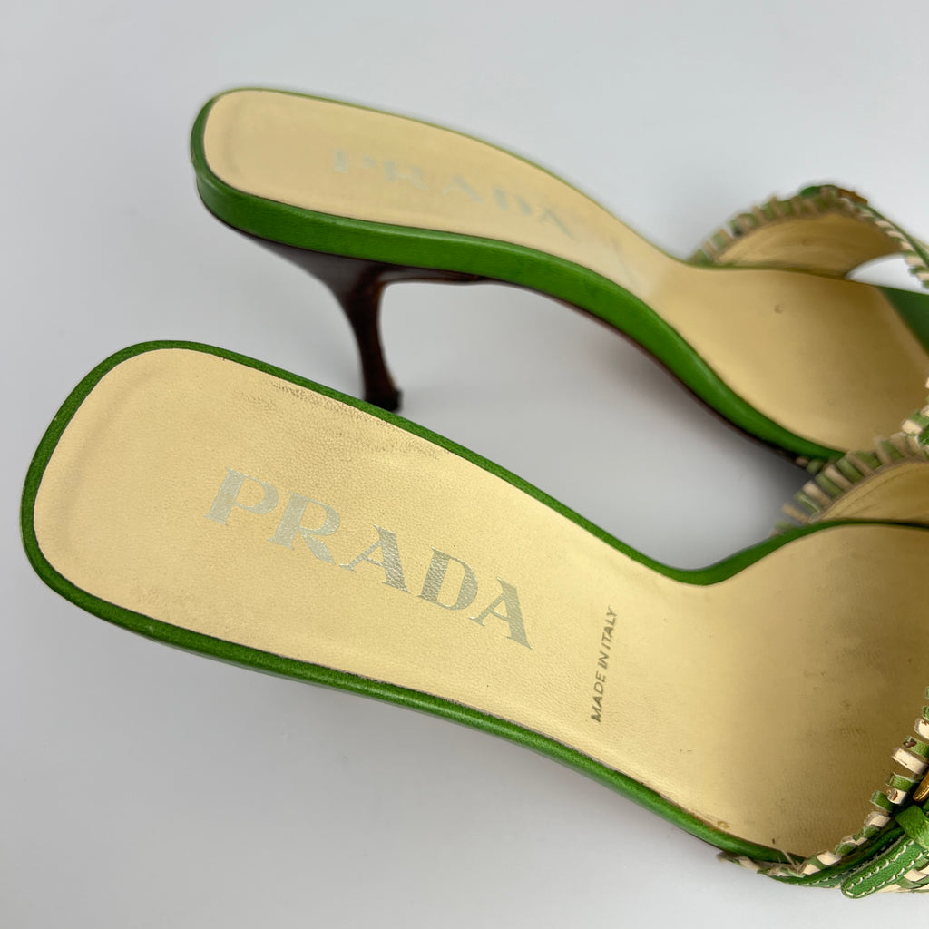 Prada | Vintage Green Cream Woven Leather Buckle Slide Mules (37)
