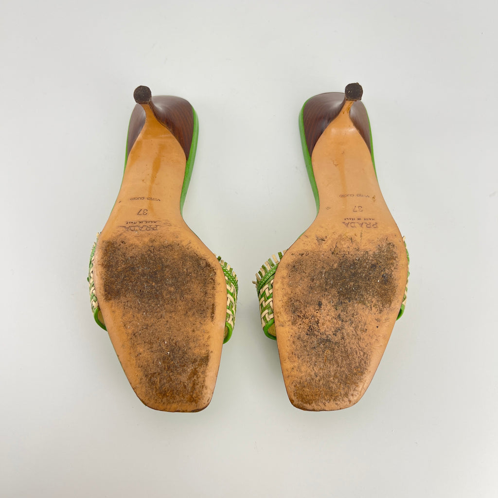 Prada | Vintage Green Cream Woven Leather Buckle Slide Mules (37)