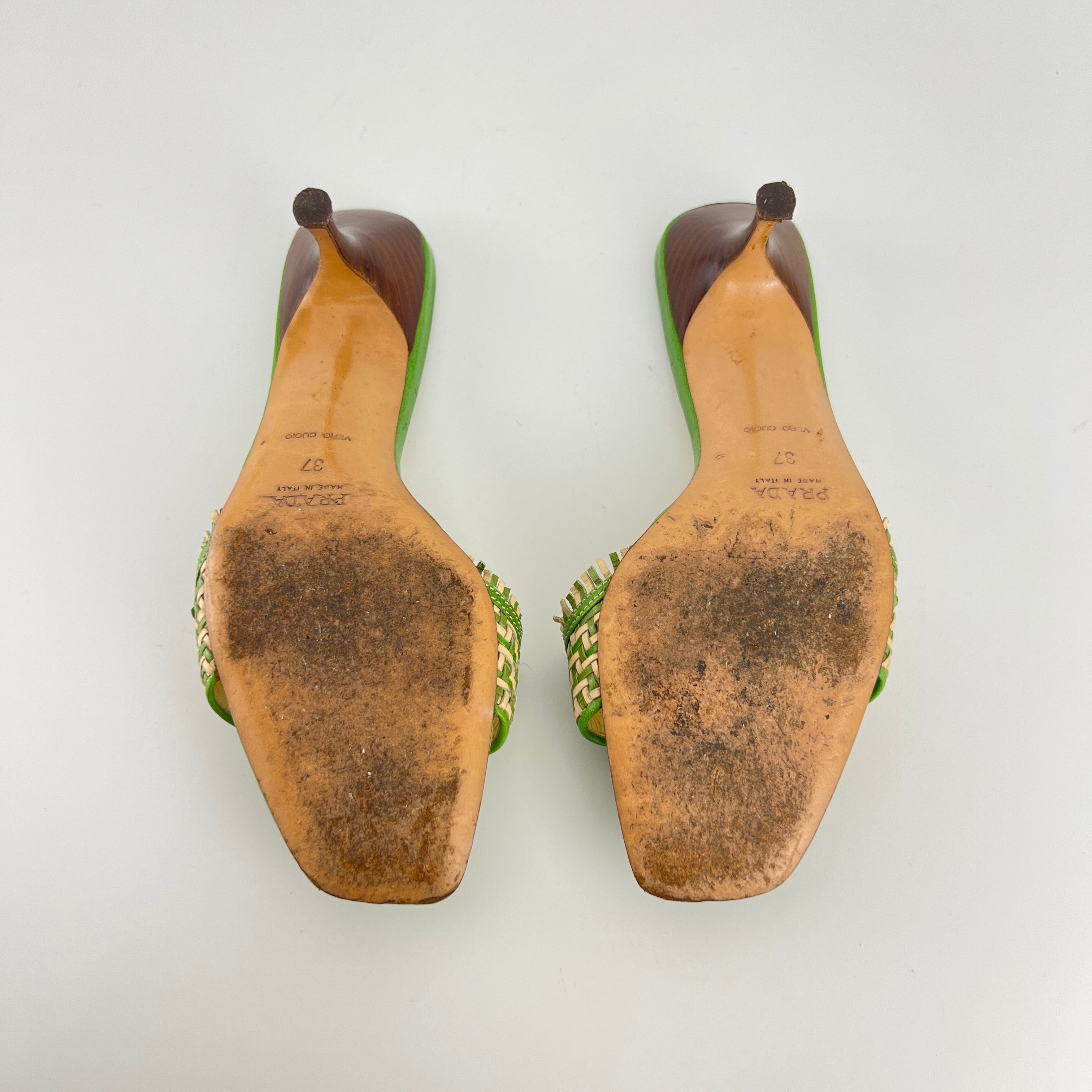 Prada | Vintage Green Cream Woven Leather Buckle Slide Mules (37)