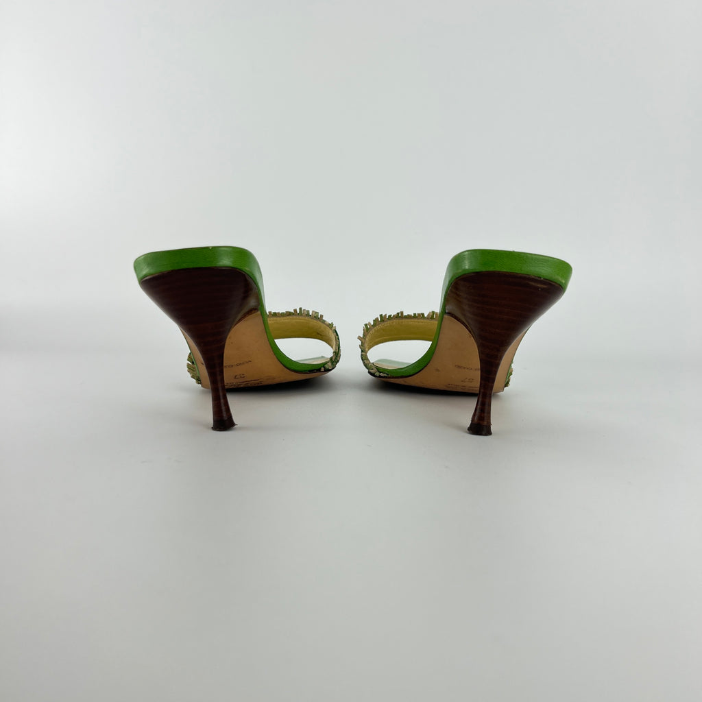 Prada | Vintage Green Cream Woven Leather Buckle Slide Mules (37)