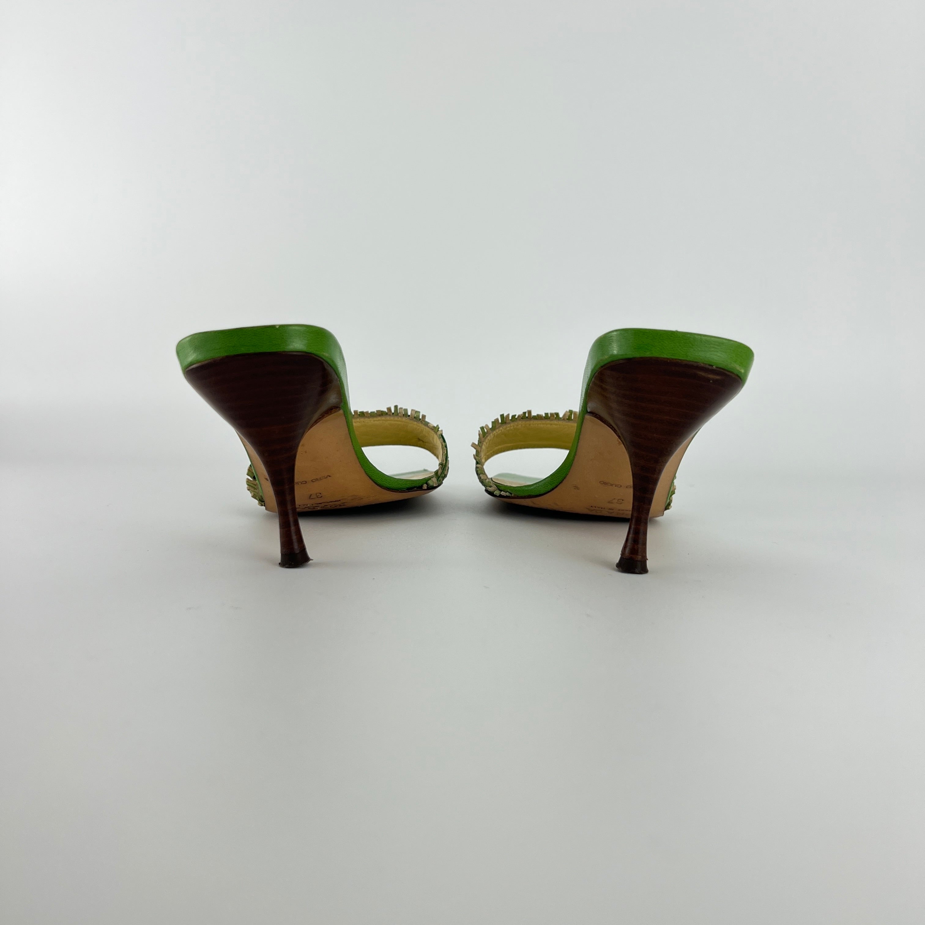 Prada | Vintage Green Cream Woven Leather Buckle Slide Mules (37)