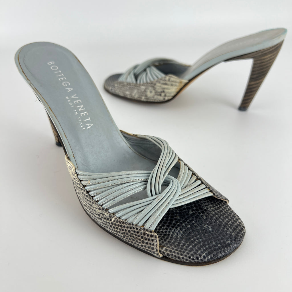 Bottega Veneta | Blue Exotic Leather Strappy Knot Twist Slide Mules (36)