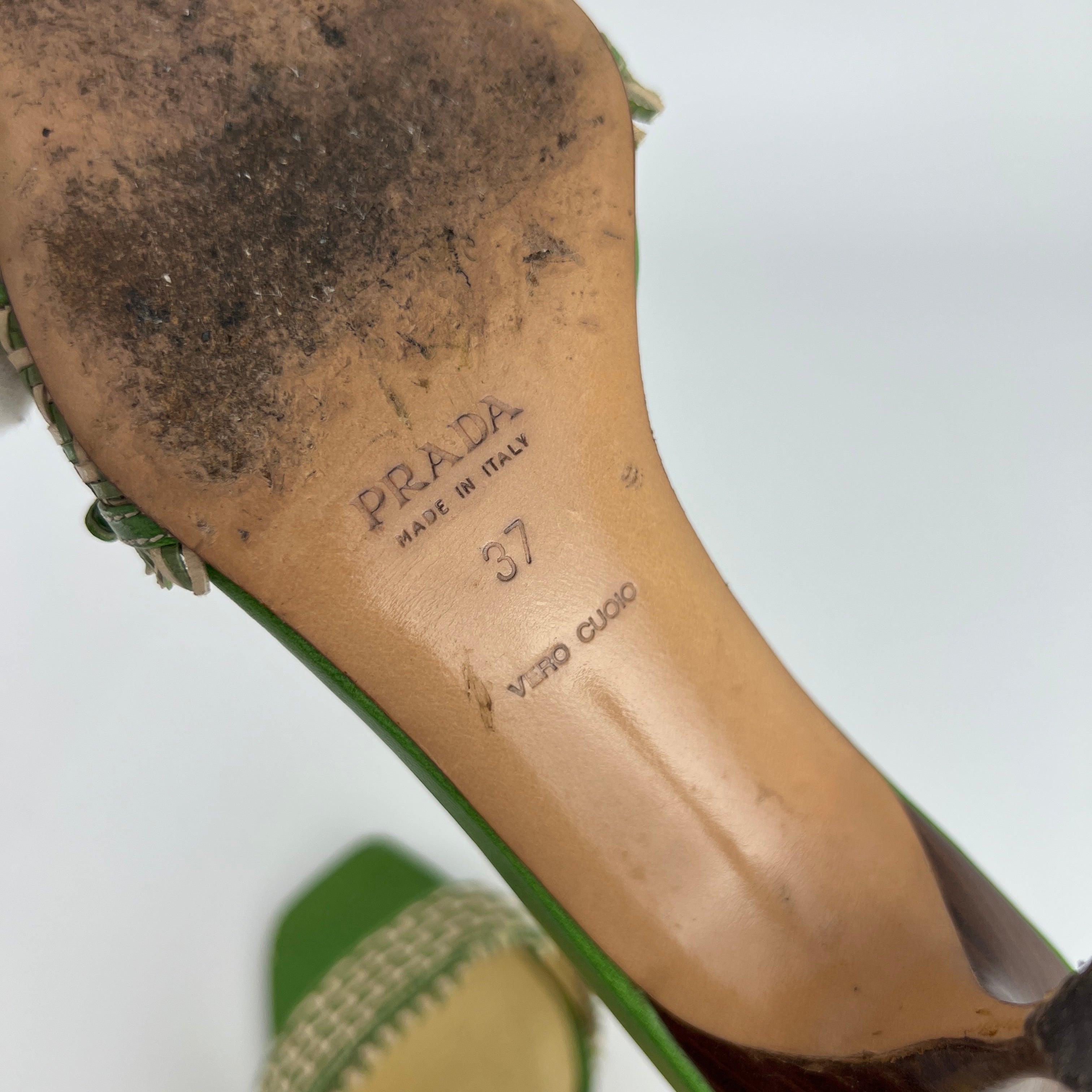 Prada | Vintage Green Cream Woven Leather Buckle Slide Mules (37)