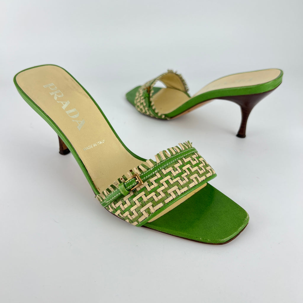 Prada | Vintage Green Cream Woven Leather Buckle Slide Mules (37)