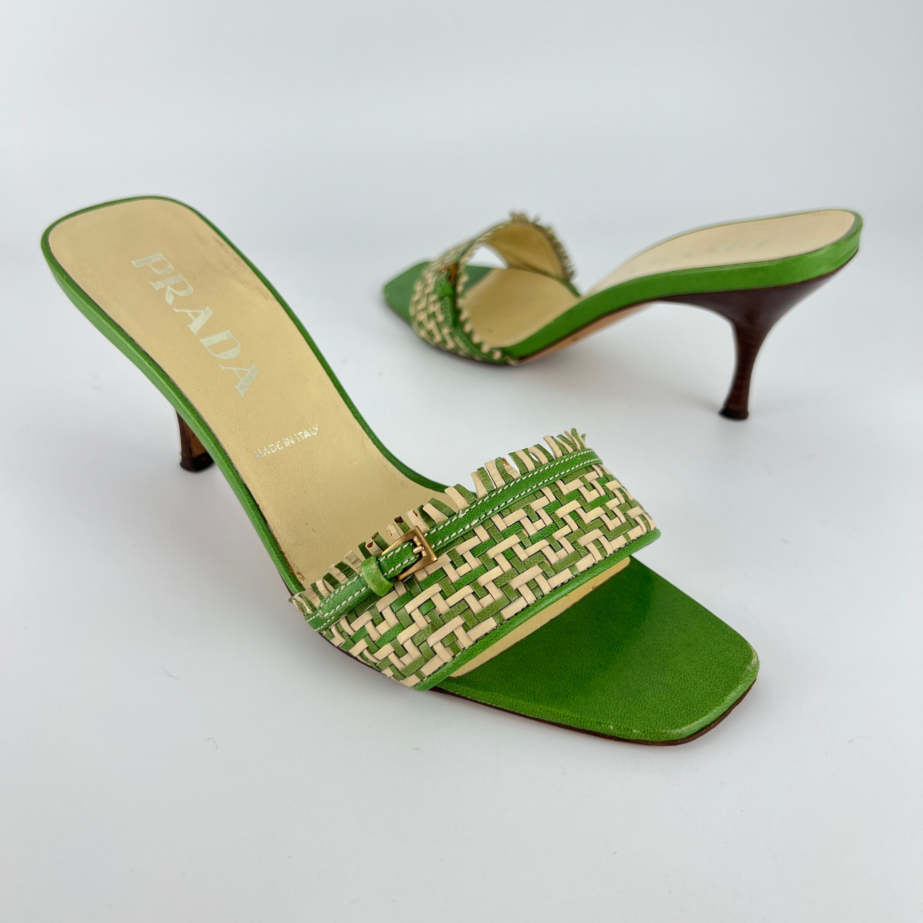 Prada | Vintage Green Cream Woven Leather Buckle Slide Mules (37)