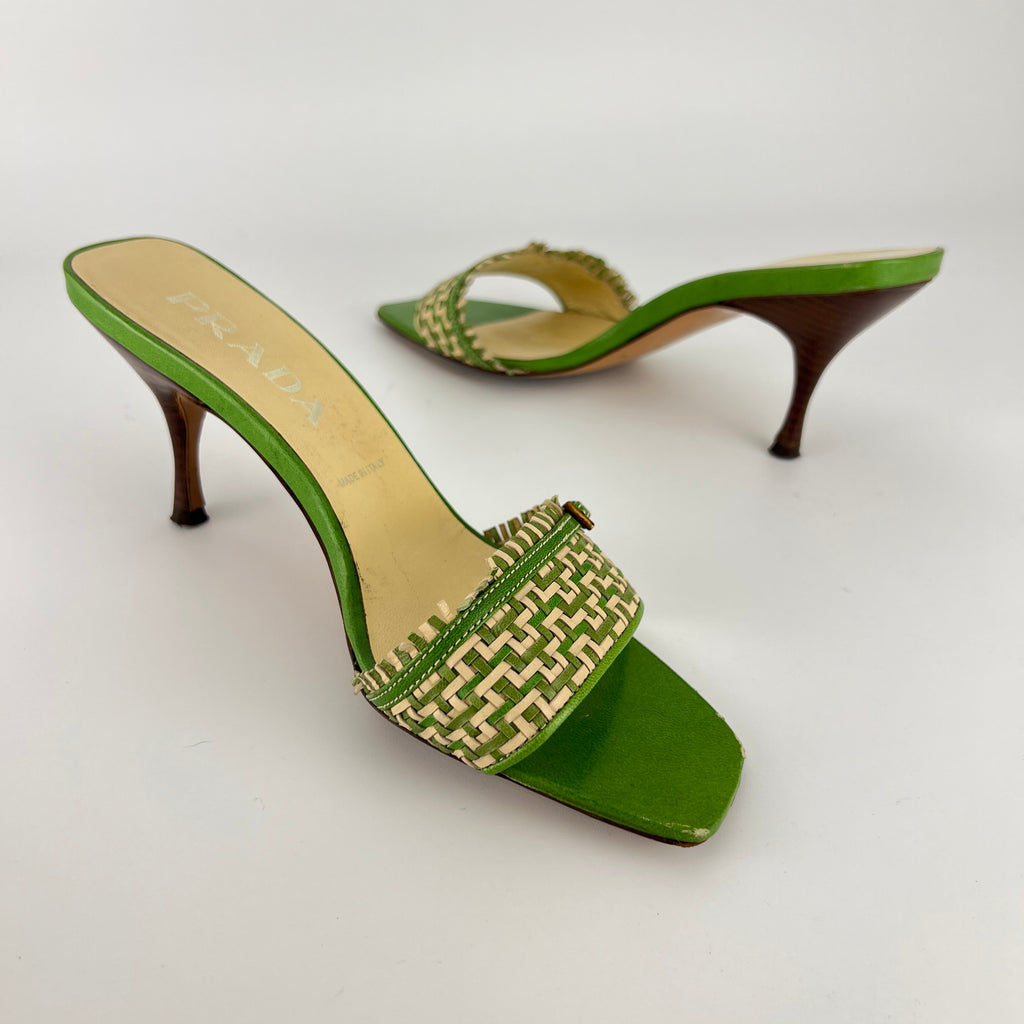 Prada | Vintage Green Cream Woven Leather Buckle Slide Mules (37)