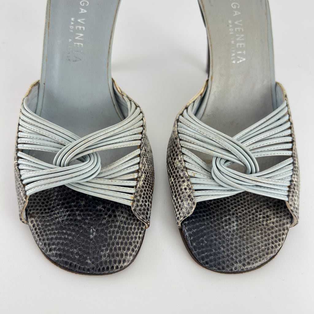 Bottega Veneta | Blue Exotic Leather Strappy Knot Twist Slide Mules (36)