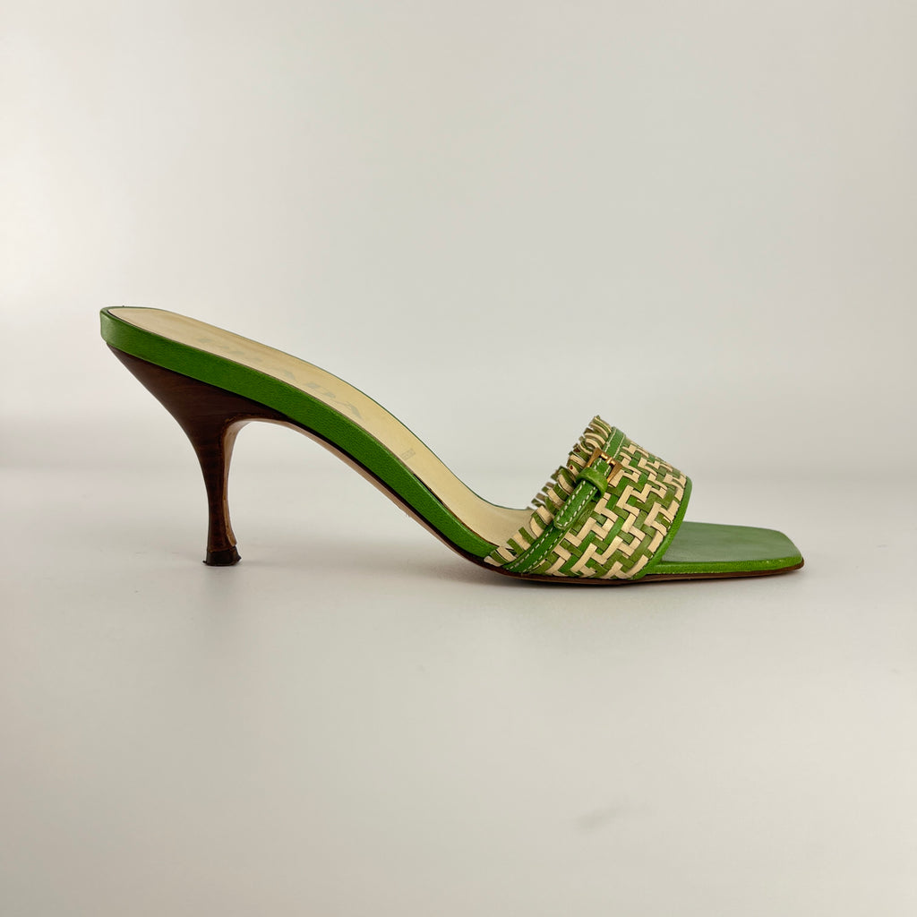 Prada | Vintage Green Cream Woven Leather Buckle Slide Mules (37)