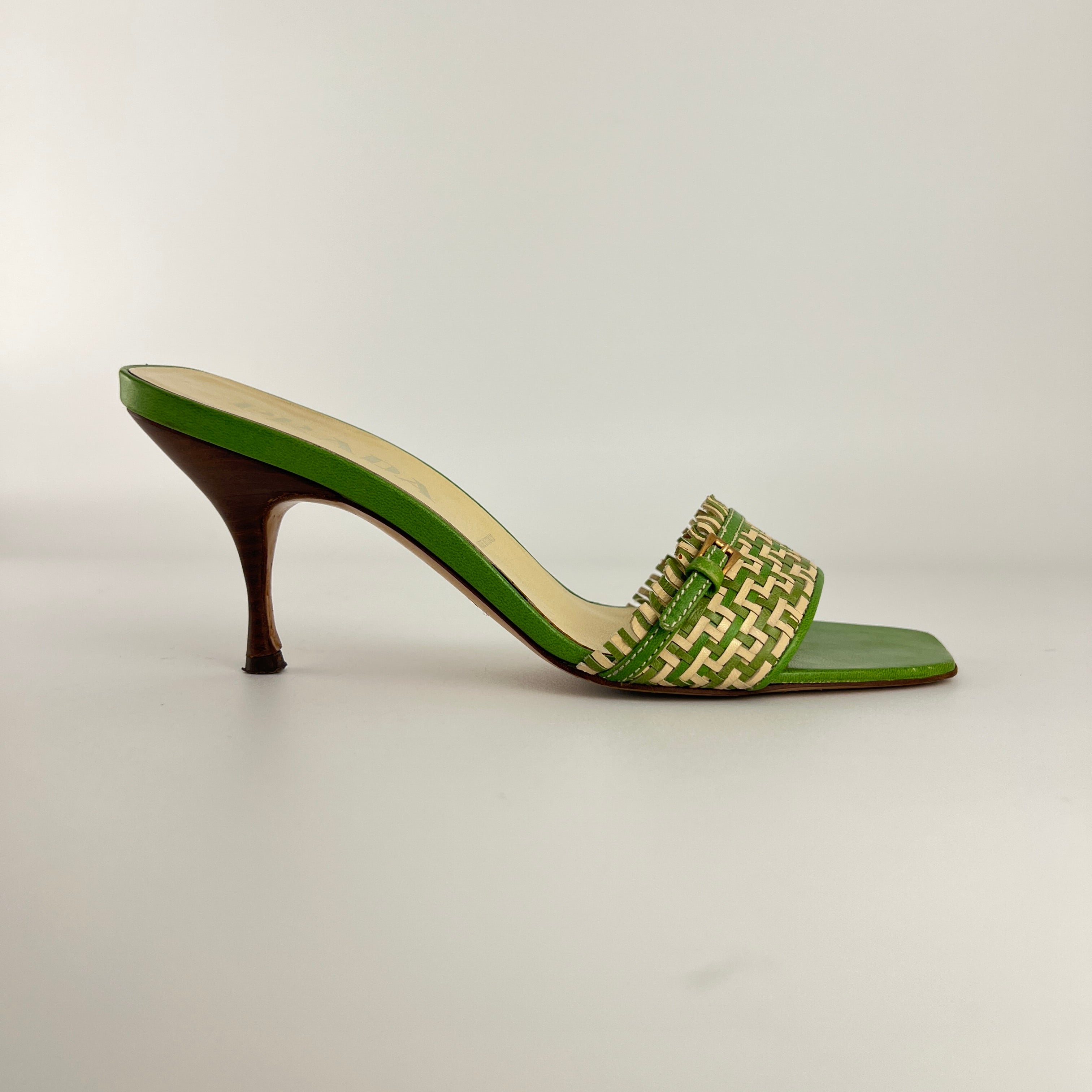 Prada | Vintage Green Cream Woven Leather Buckle Slide Mules (37)