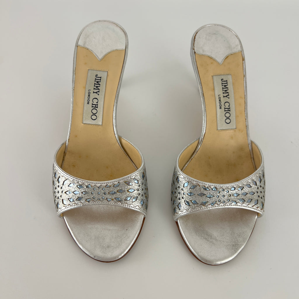 Jimmy Choo | Metallic Silver Leather Ice Blue Geometric Cut Out Slide Mules (36.5)