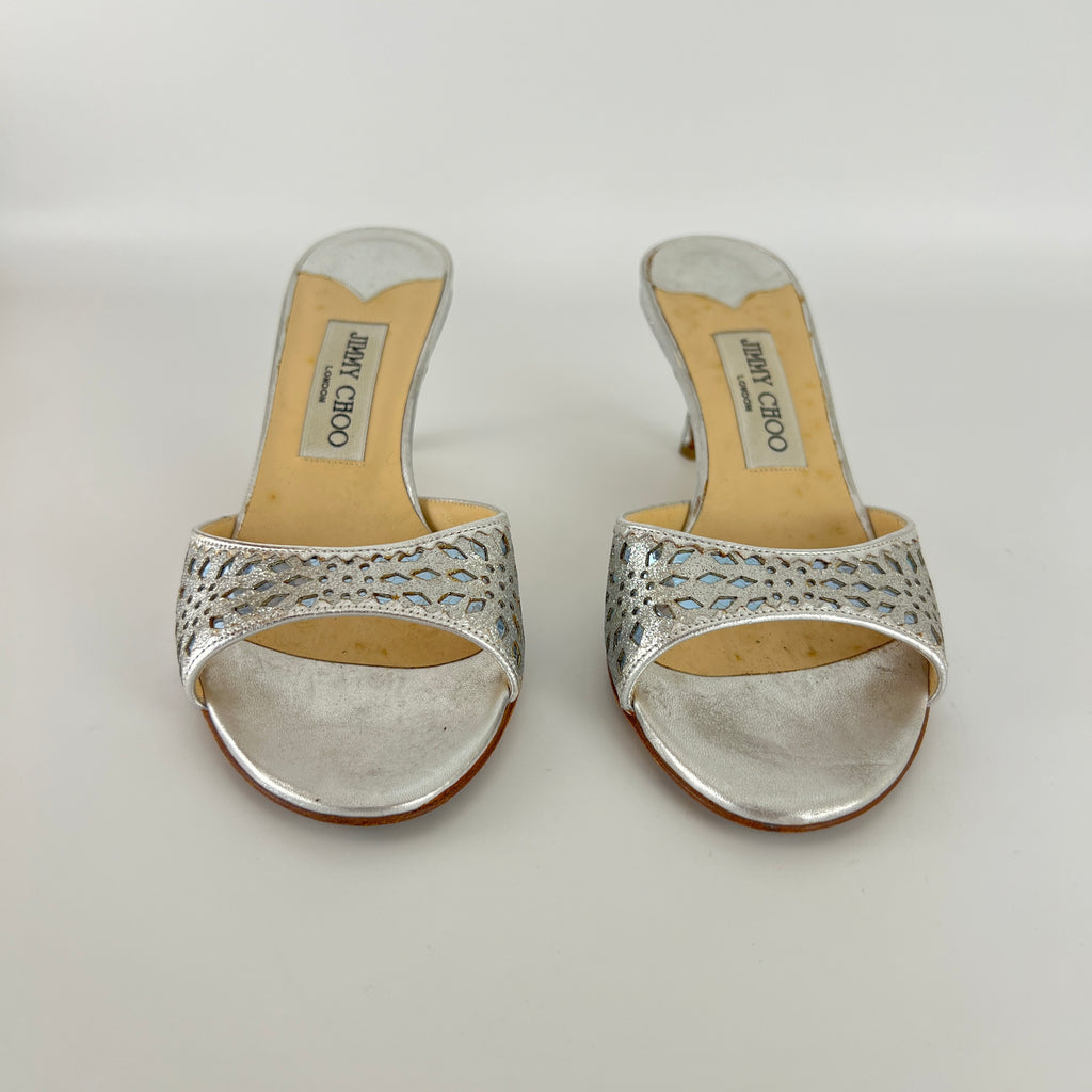 Jimmy Choo | Metallic Silver Leather Ice Blue Geometric Cut Out Slide Mules (36.5)