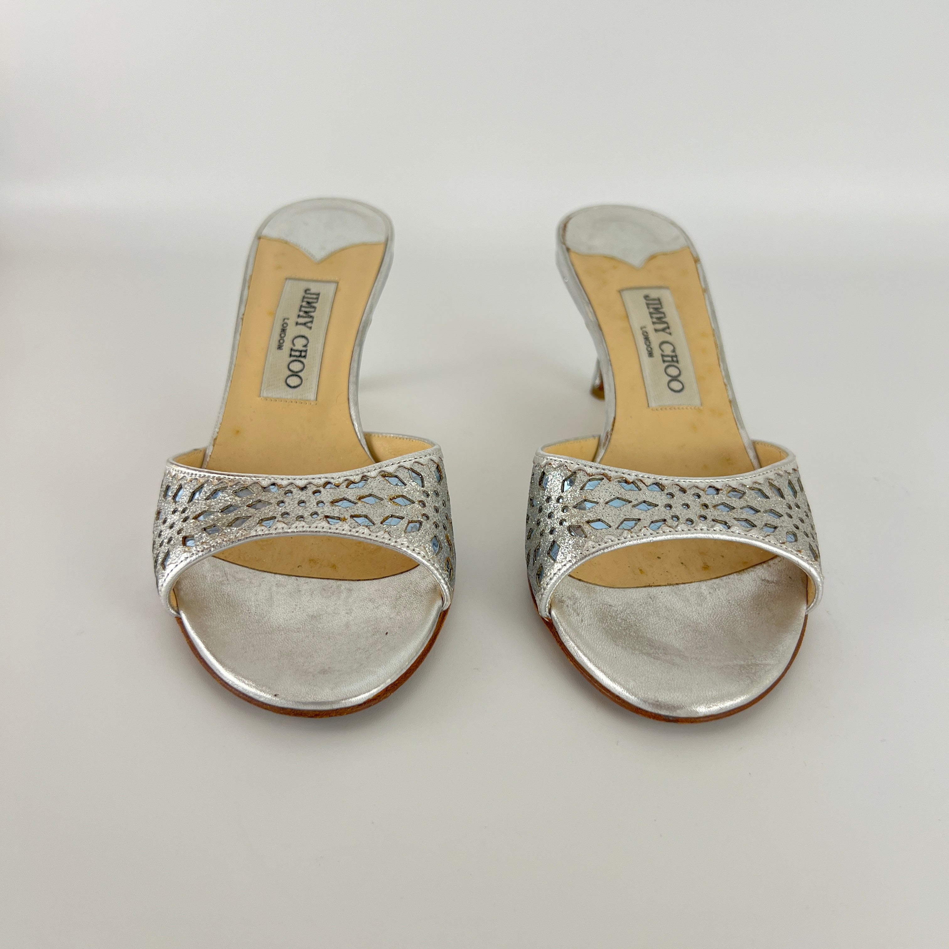 Jimmy Choo | Metallic Silver Leather Ice Blue Geometric Cut Out Slide Mules (36.5)