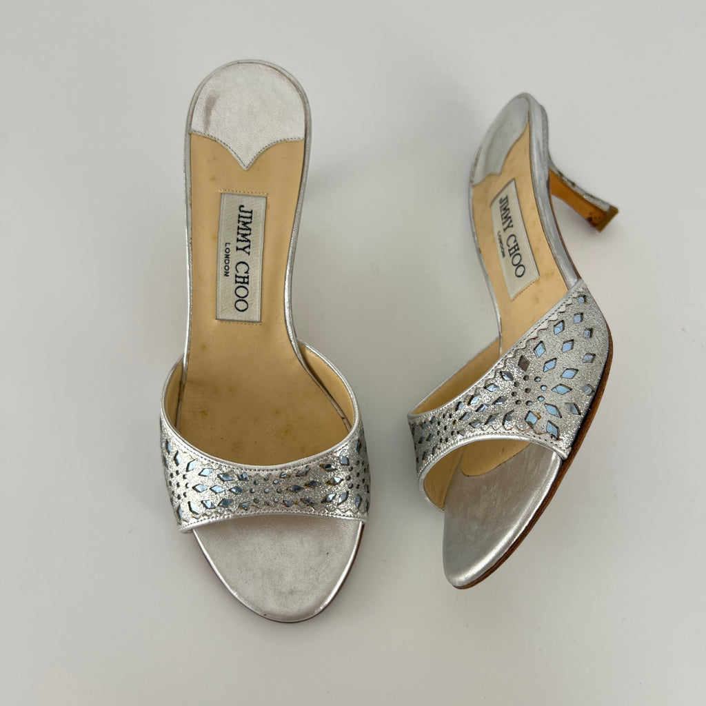 Jimmy Choo | Metallic Silver Leather Ice Blue Geometric Cut Out Slide Mules (36.5)