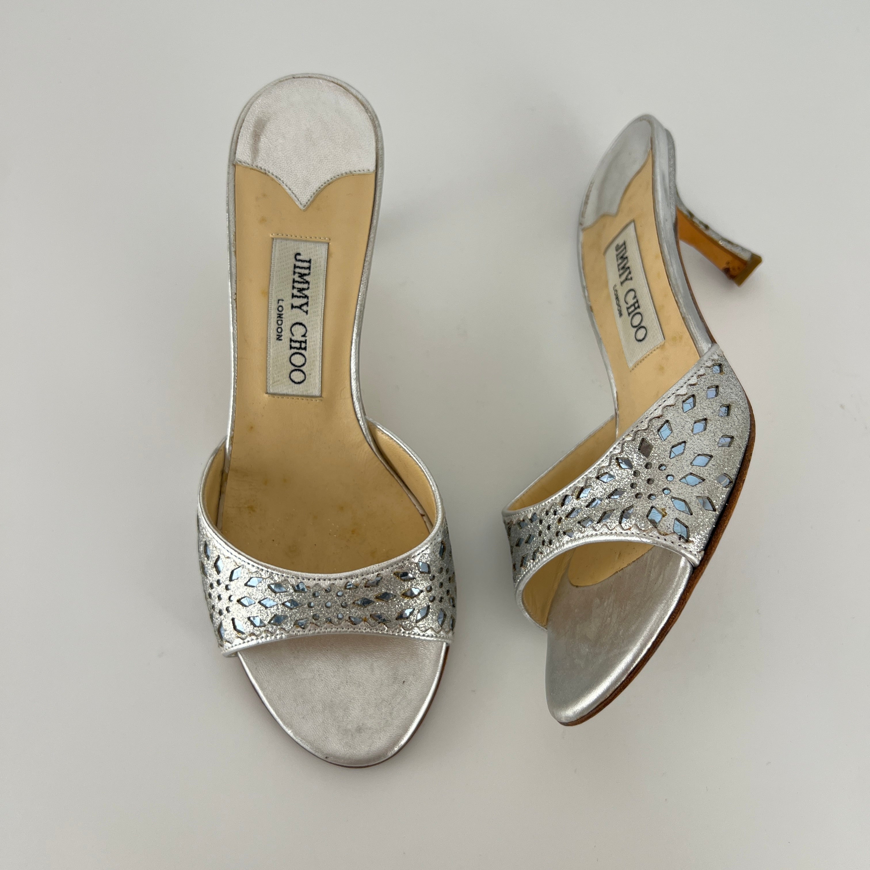Jimmy Choo | Metallic Silver Leather Ice Blue Geometric Cut Out Slide Mules (36.5)