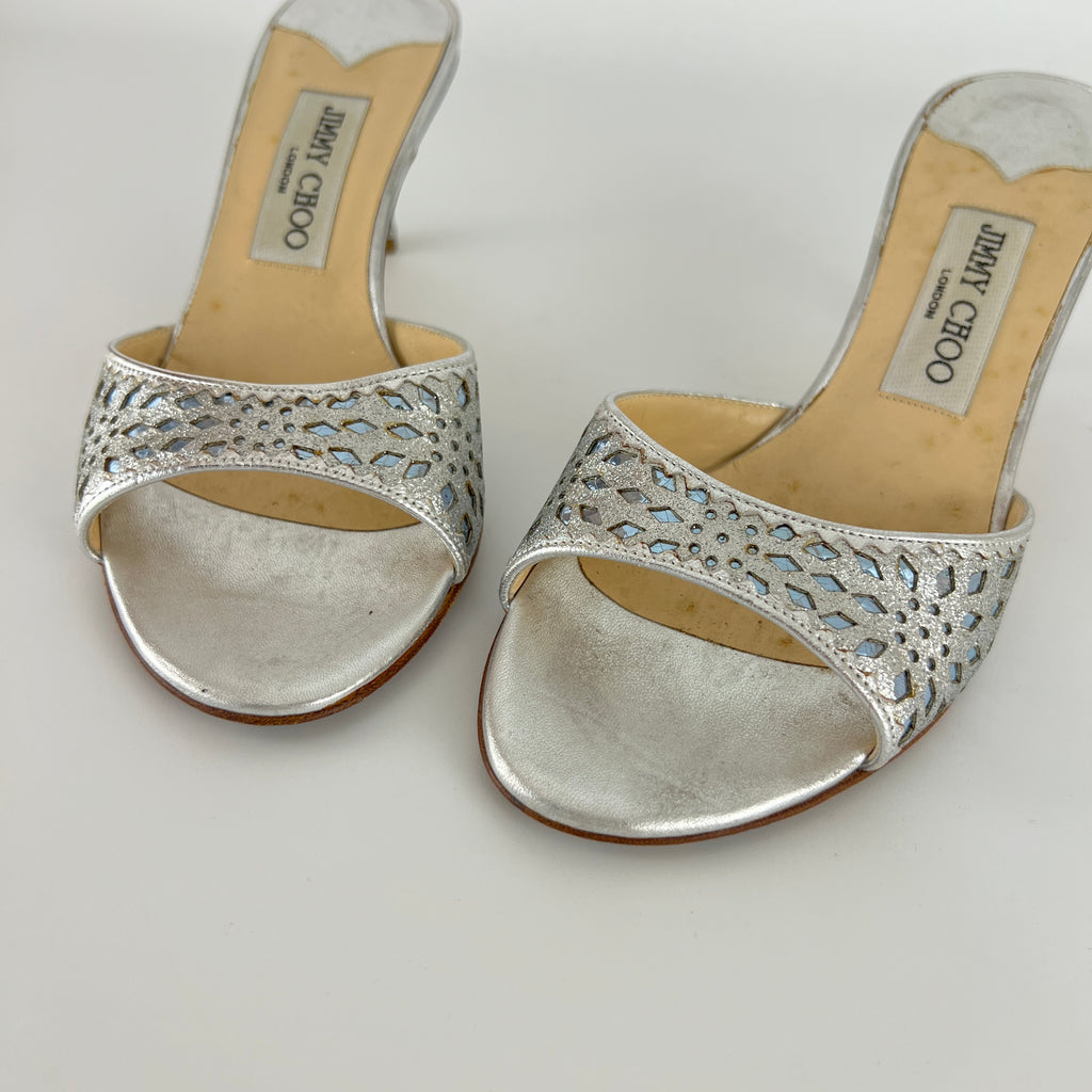Jimmy Choo | Metallic Silver Leather Ice Blue Geometric Cut Out Slide Mules (36.5)