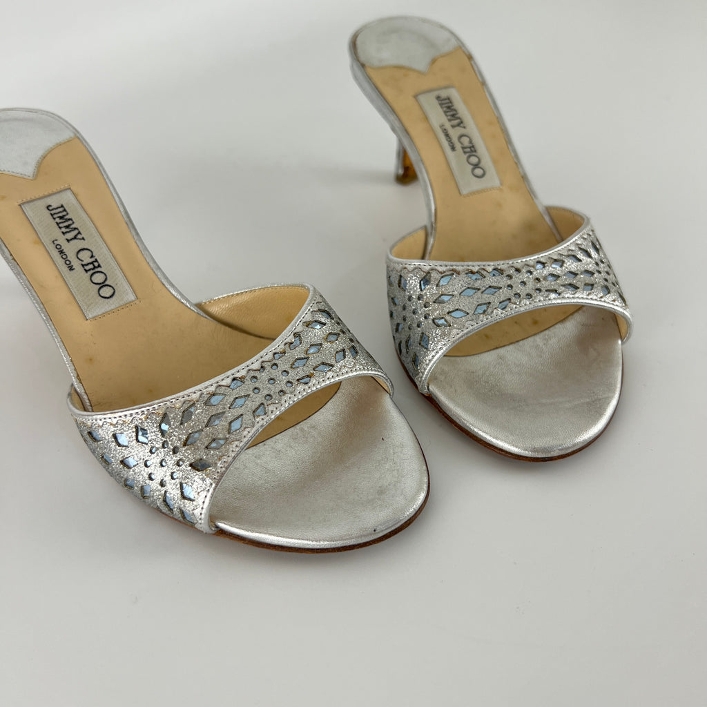 Jimmy Choo | Metallic Silver Leather Ice Blue Geometric Cut Out Slide Mules (36.5)