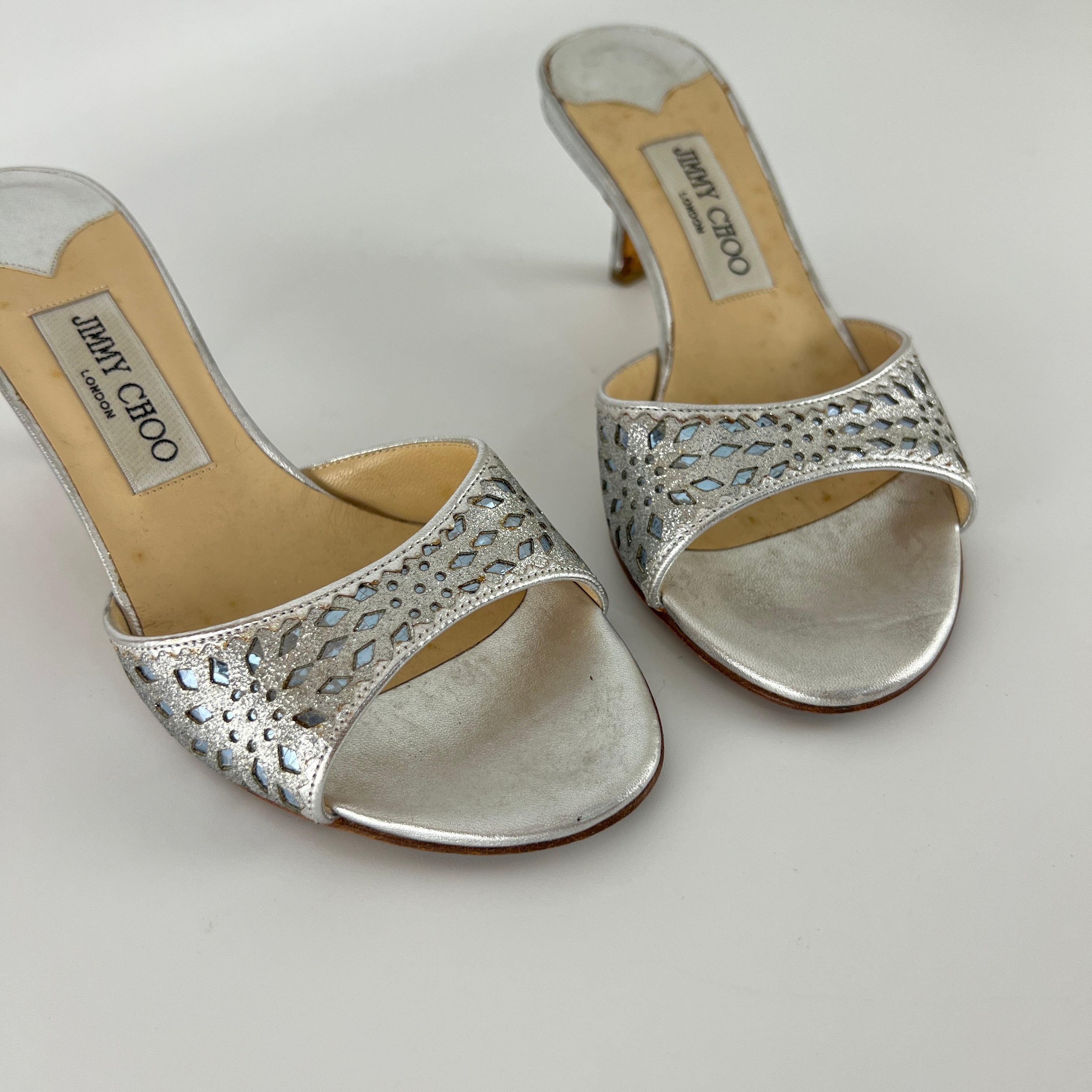 Jimmy Choo | Metallic Silver Leather Ice Blue Geometric Cut Out Slide Mules (36.5)
