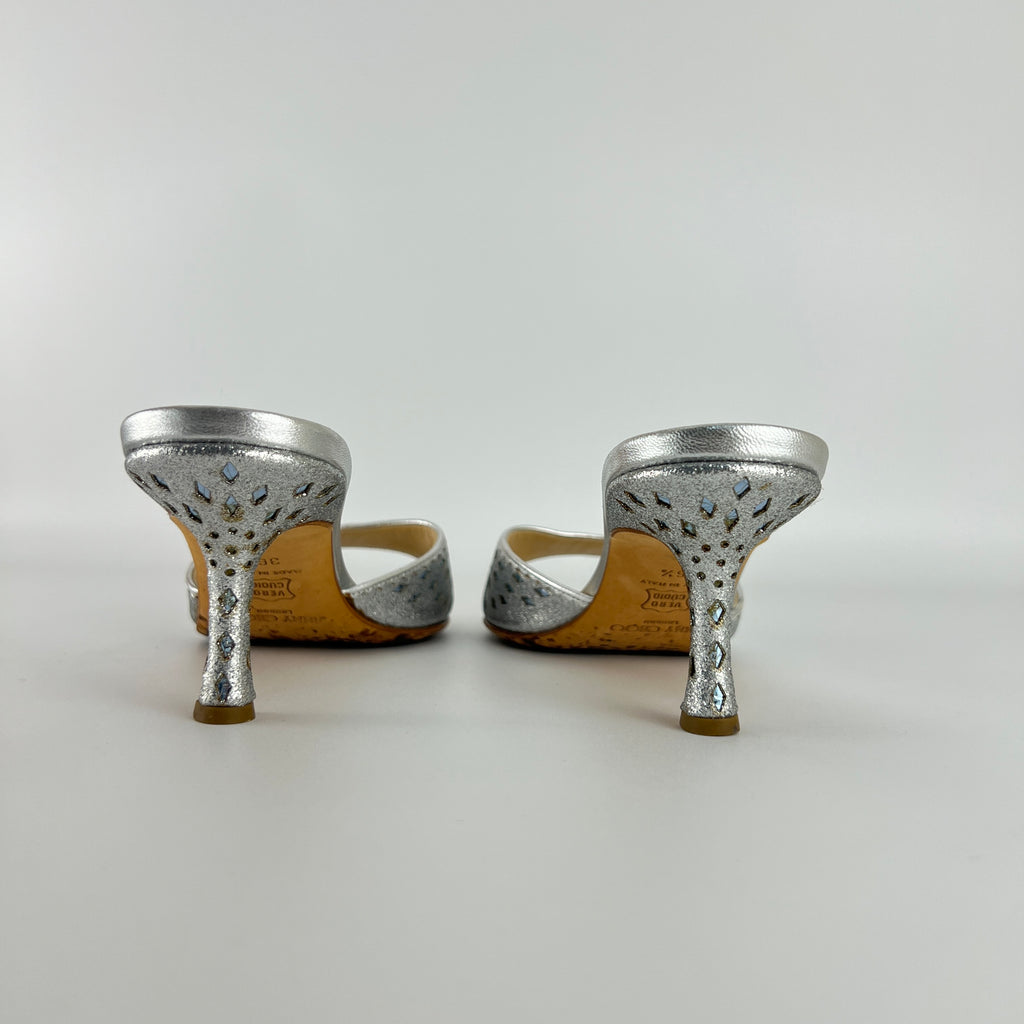 Jimmy Choo | Metallic Silver Leather Ice Blue Geometric Cut Out Slide Mules (36.5)