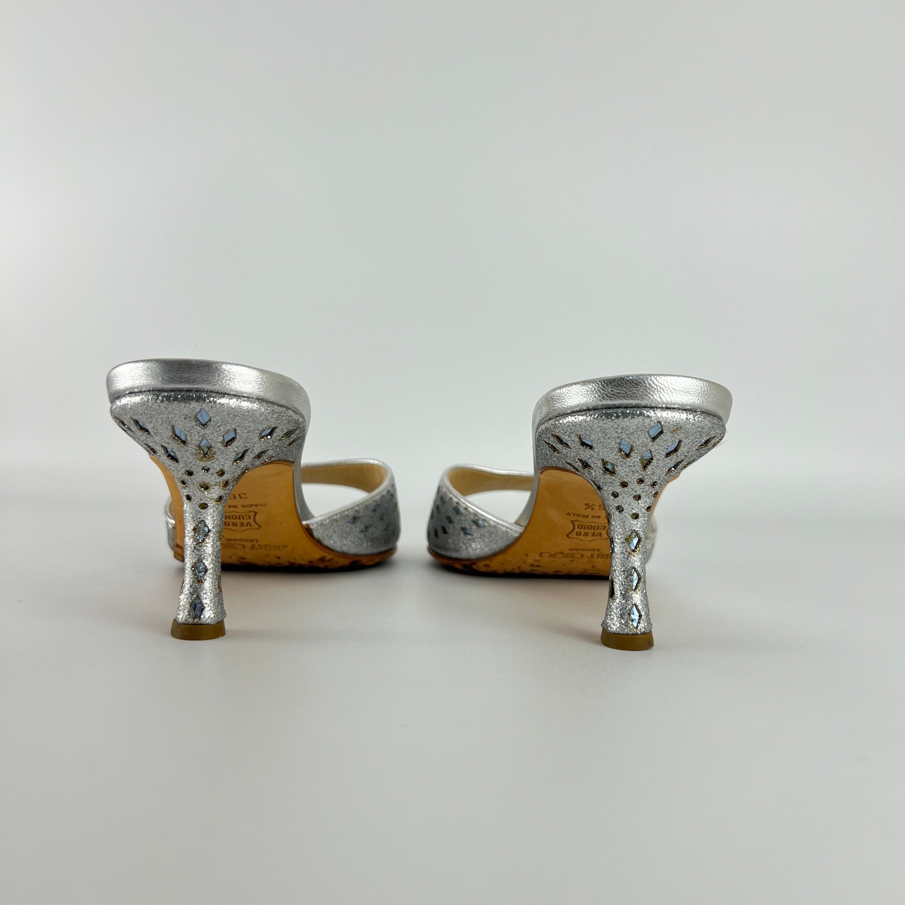 Jimmy Choo | Metallic Silver Leather Ice Blue Geometric Cut Out Slide Mules (36.5)