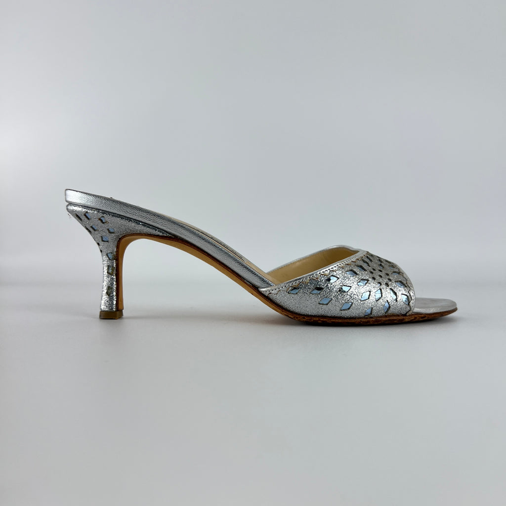 Jimmy Choo | Metallic Silver Leather Ice Blue Geometric Cut Out Slide Mules (36.5)