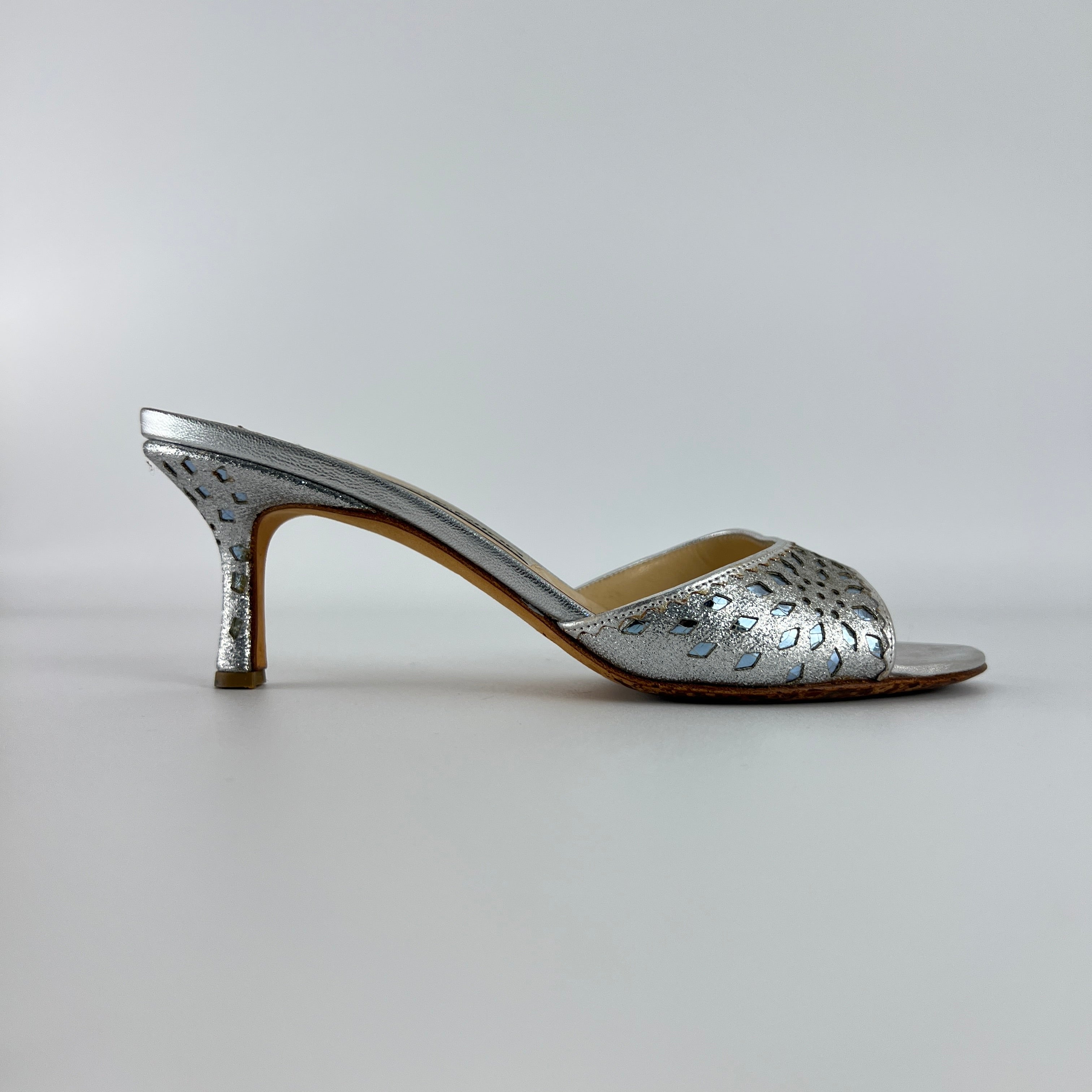 Jimmy Choo | Metallic Silver Leather Ice Blue Geometric Cut Out Slide Mules (36.5)