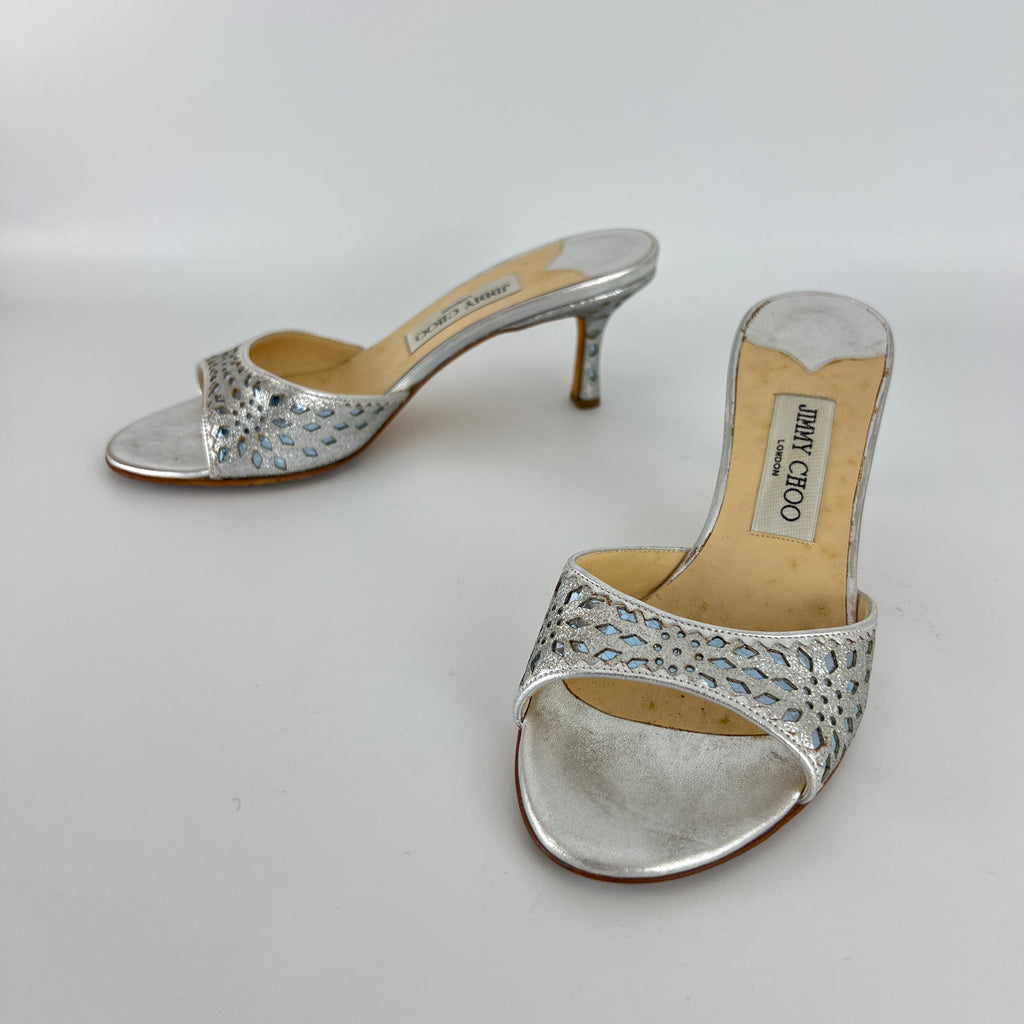 Jimmy Choo | Metallic Silver Leather Ice Blue Geometric Cut Out Slide Mules (36.5)