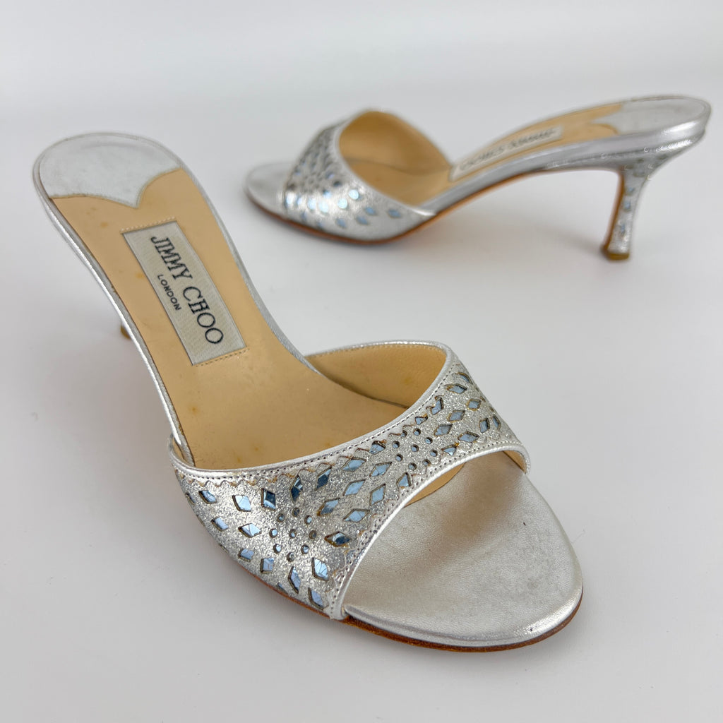 Jimmy Choo | Metallic Silver Leather Ice Blue Geometric Cut Out Slide Mules (36.5)