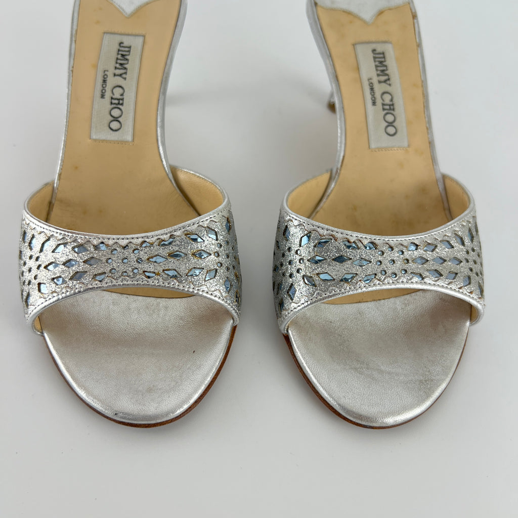 Jimmy Choo | Metallic Silver Leather Ice Blue Geometric Cut Out Slide Mules (36.5)