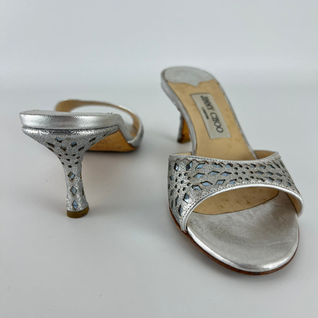 Jimmy Choo | Metallic Silver Leather Ice Blue Geometric Cut Out Slide Mules (36.5)