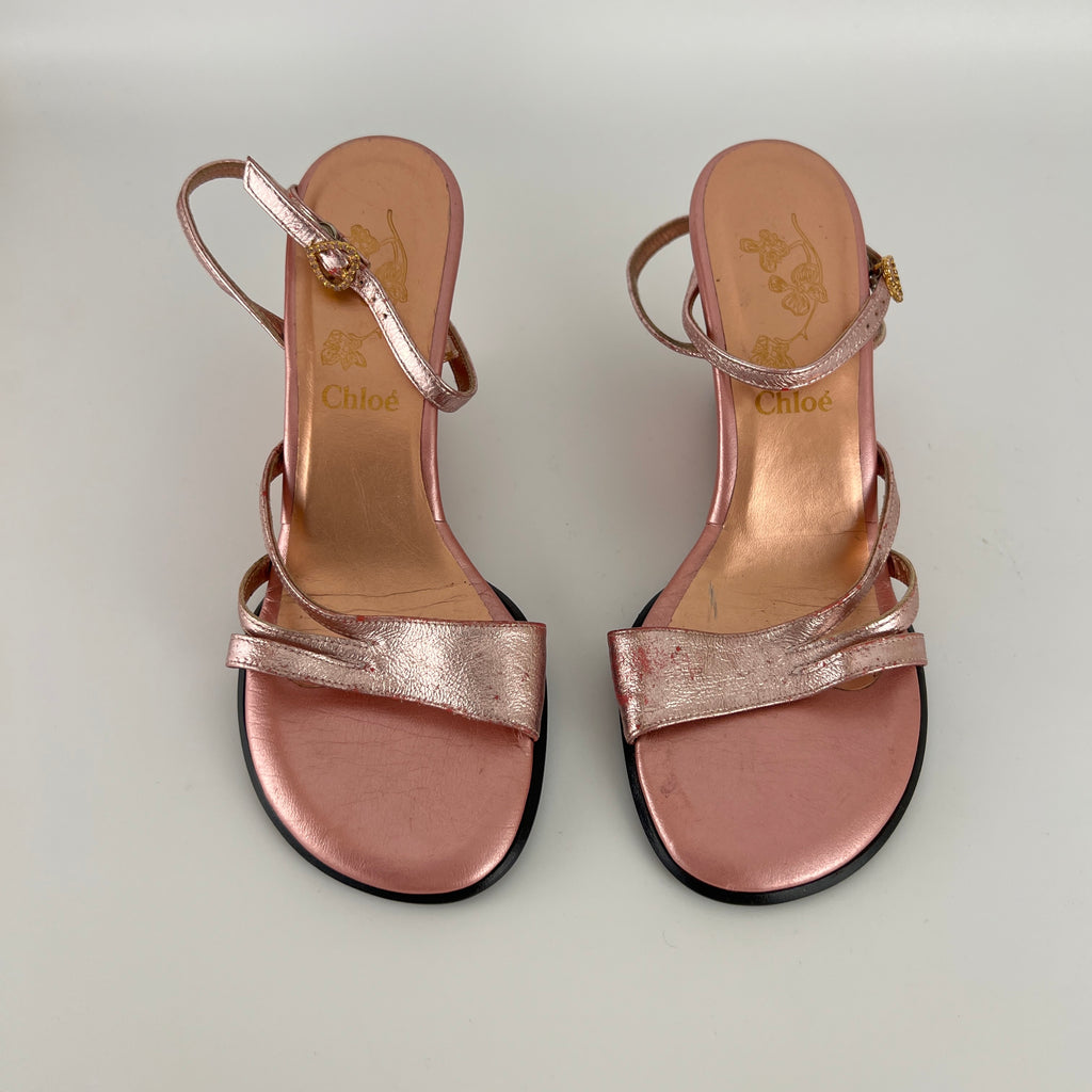 Chloe | Y2K Metallic Pink Leather Sculptural Wedge Heel Ankle Wrap (36)