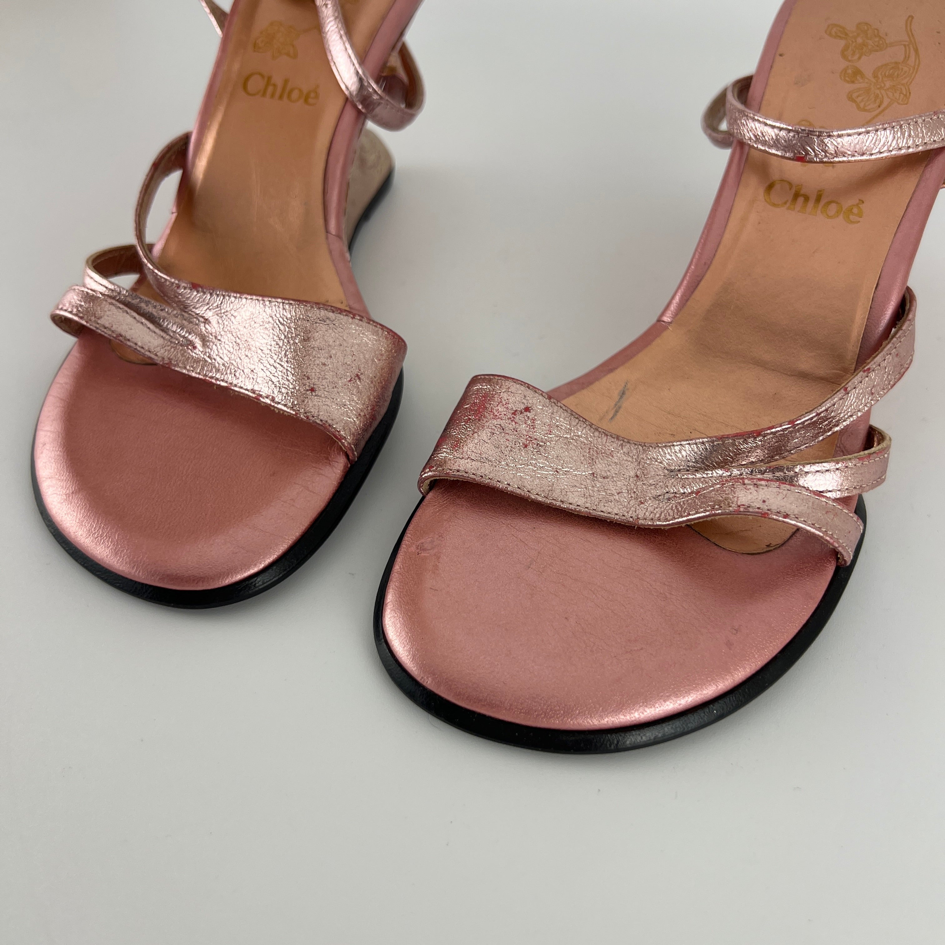 Chloe | Y2K Metallic Pink Leather Sculptural Wedge Heel Ankle Wrap (36)